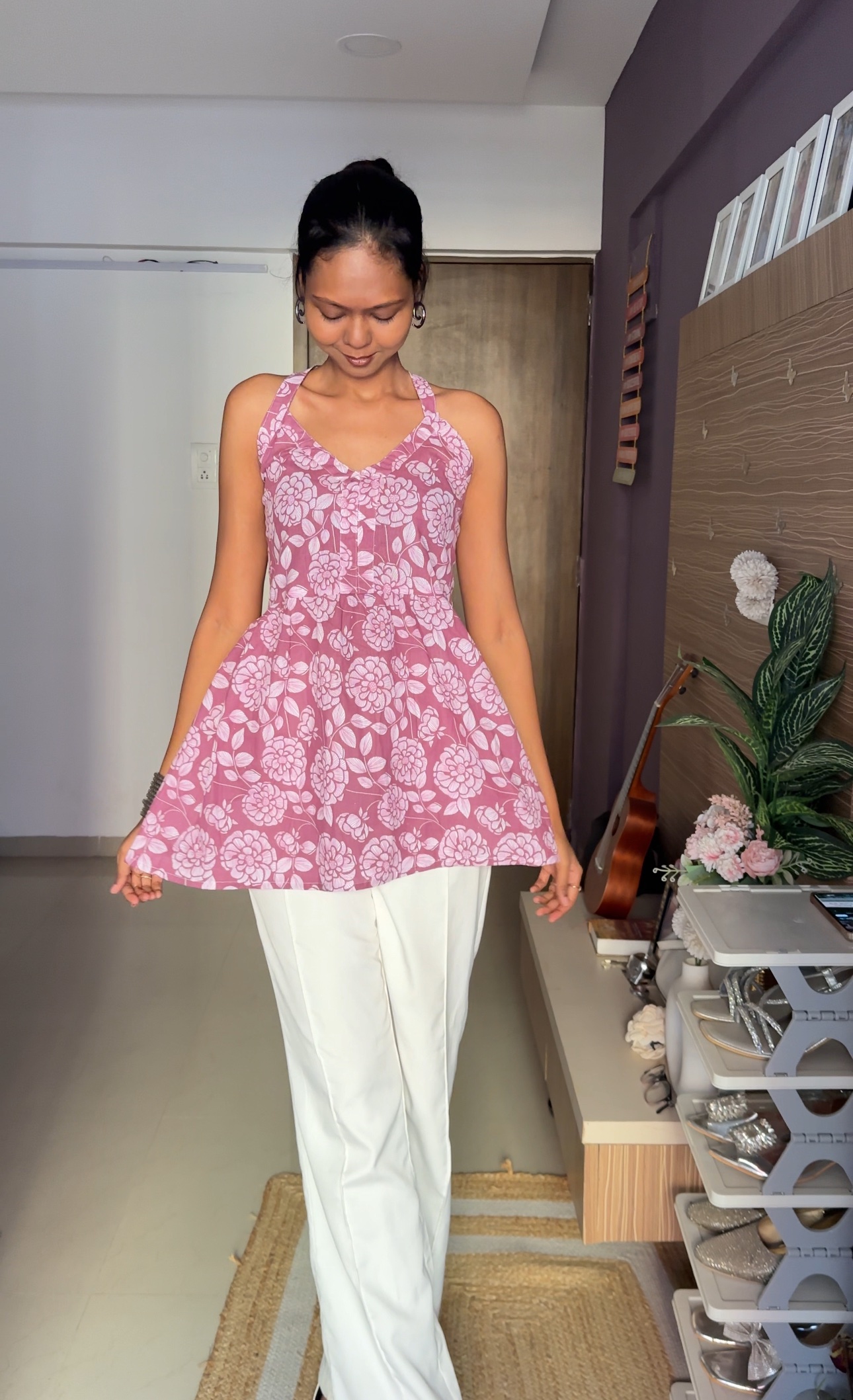 Pretty Coral Halter Neck Cotton Kurti