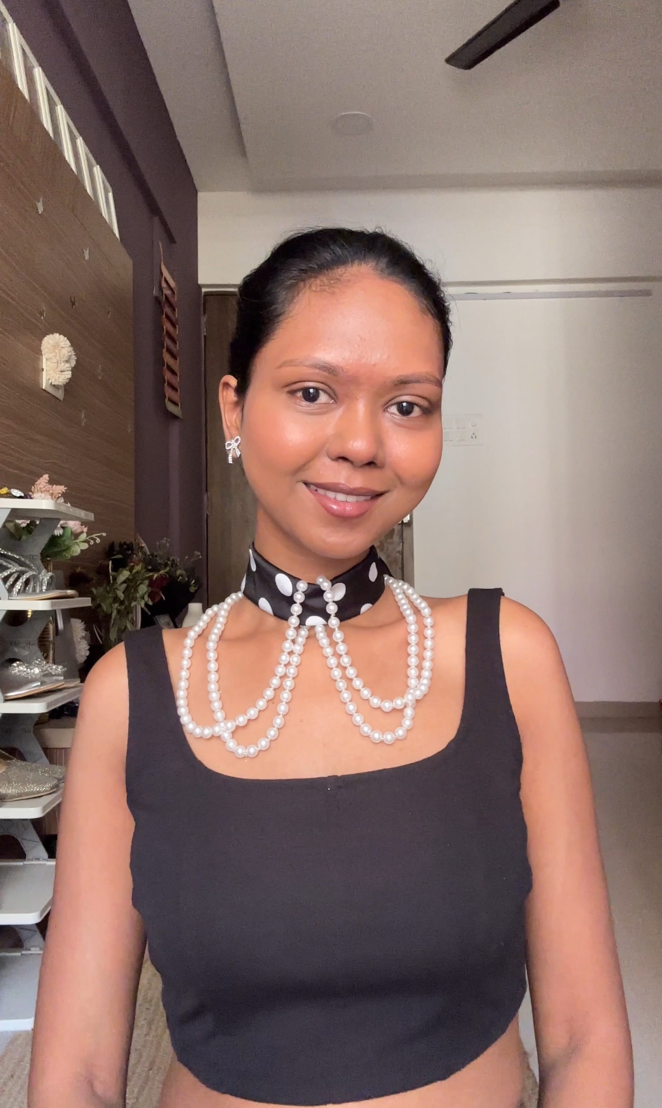 Pearl Long Necklace With Polka Dot Scarf