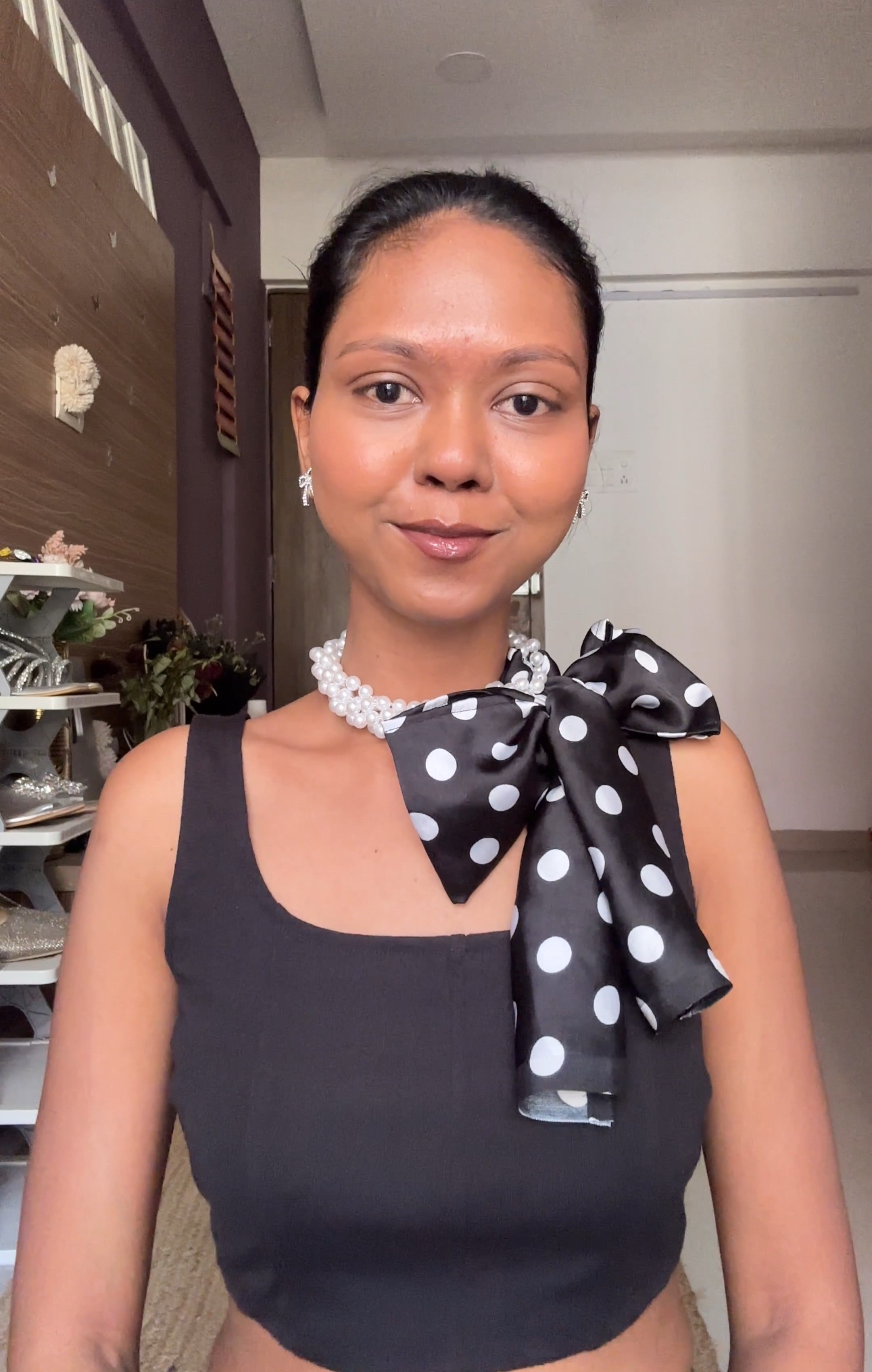 Pearl Long Necklace With Polka Dot Scarf