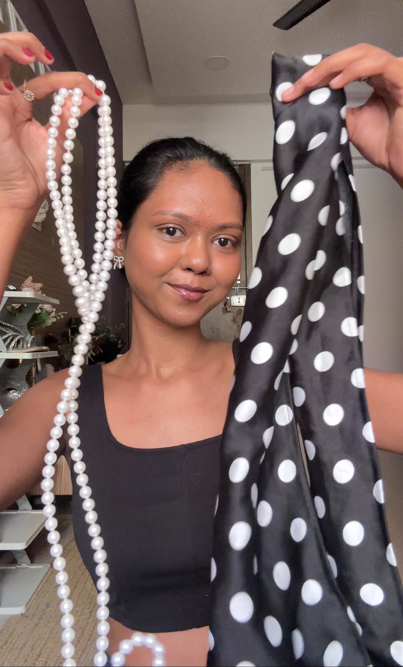 Pearl Long Necklace With Polka Dot Scarf