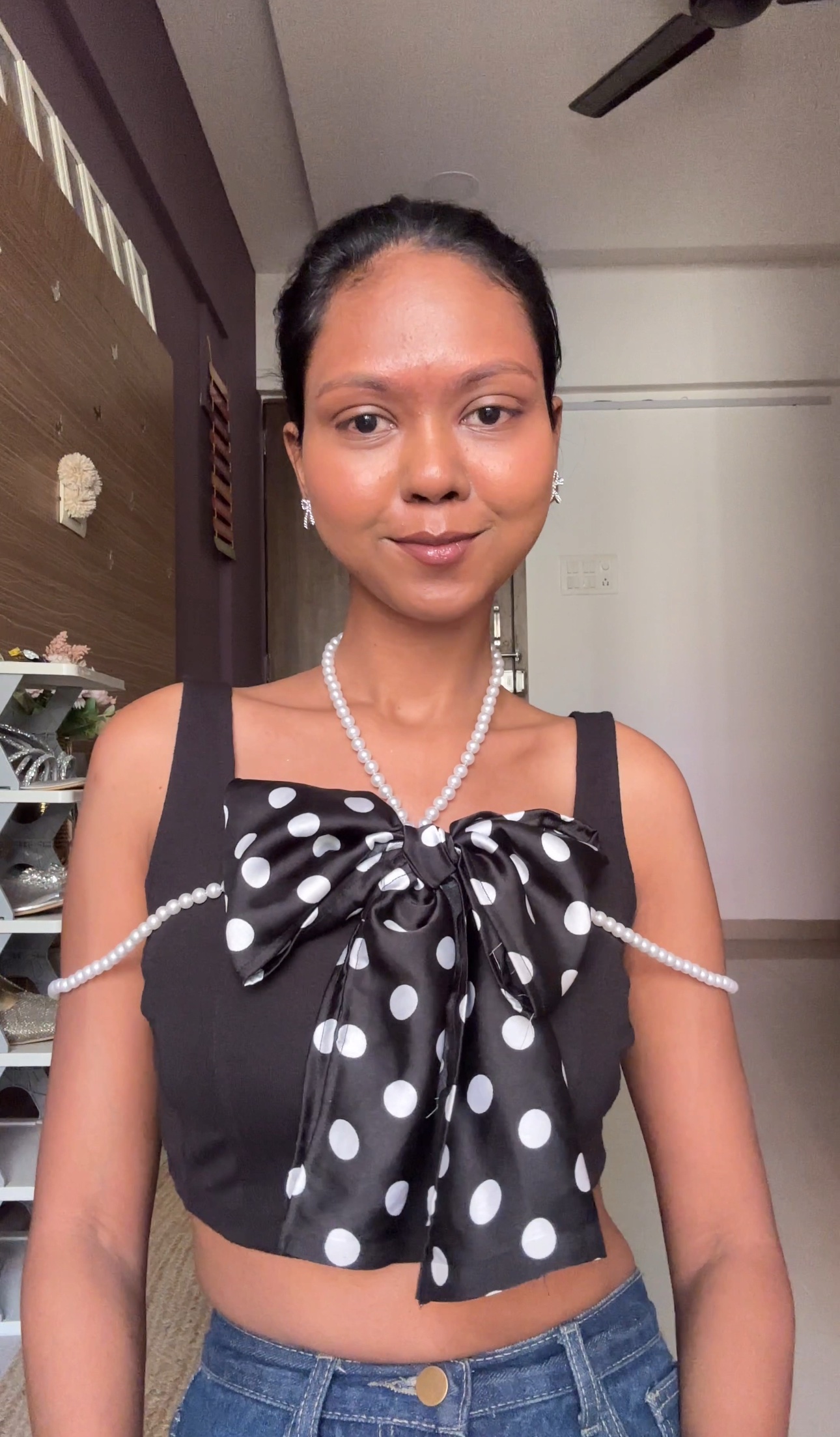 Pearl Long Necklace With Polka Dot Scarf