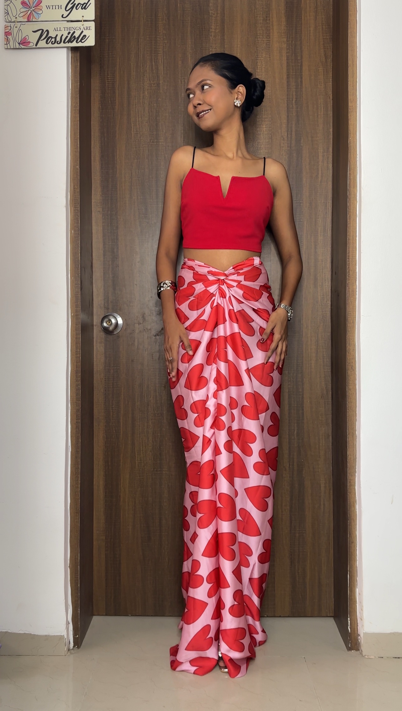 Heart Print Red Satin Long Skirt