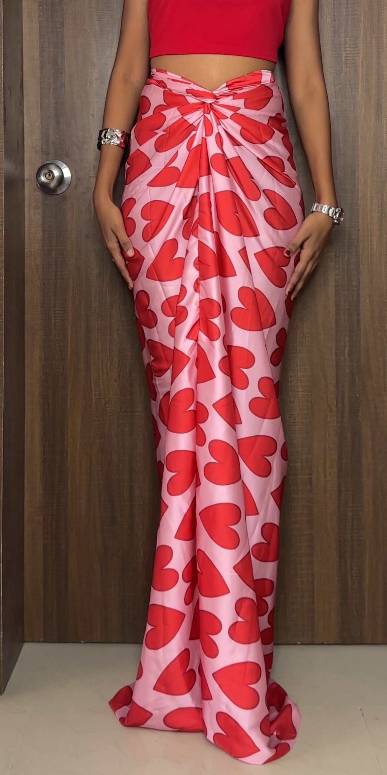 Heart Print Red Satin Long Skirt
