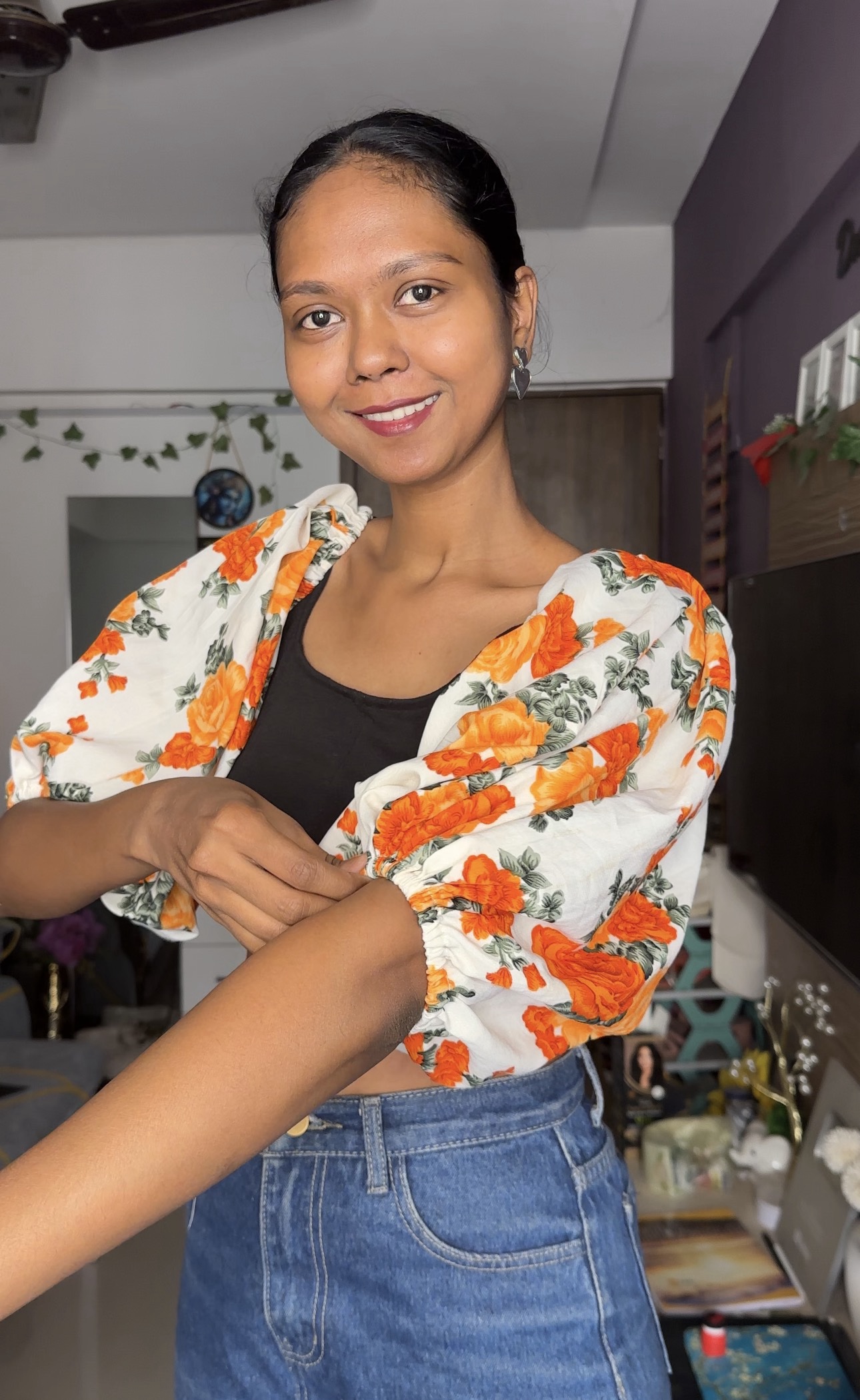 Orange Floral Puff Sleeves