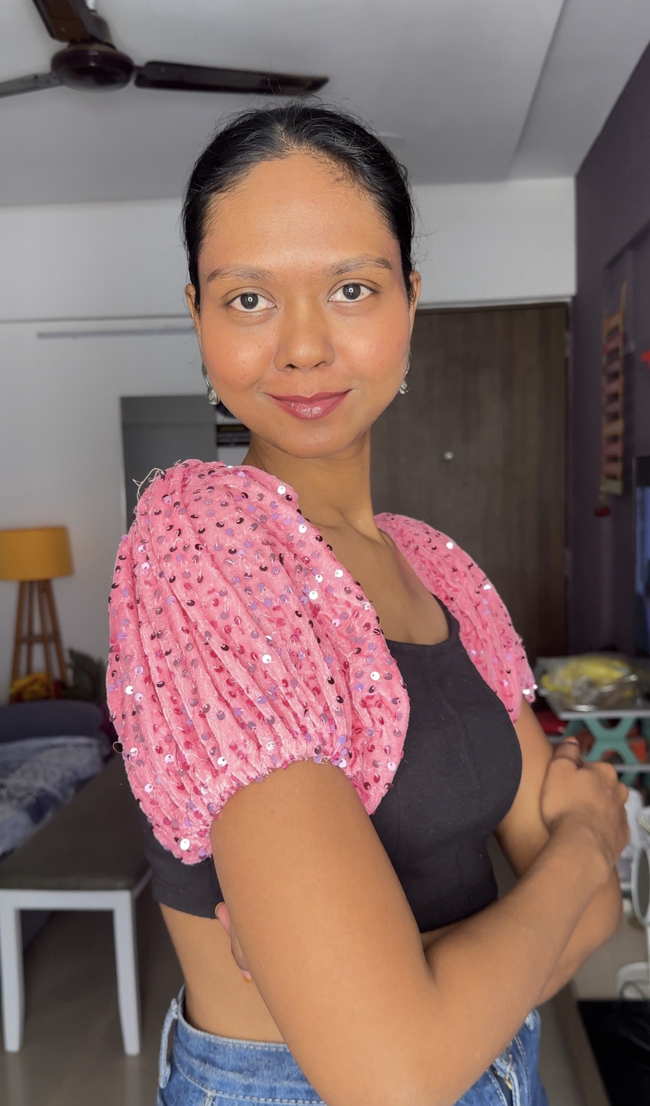 Pink Sequin Short Puff Sleeves