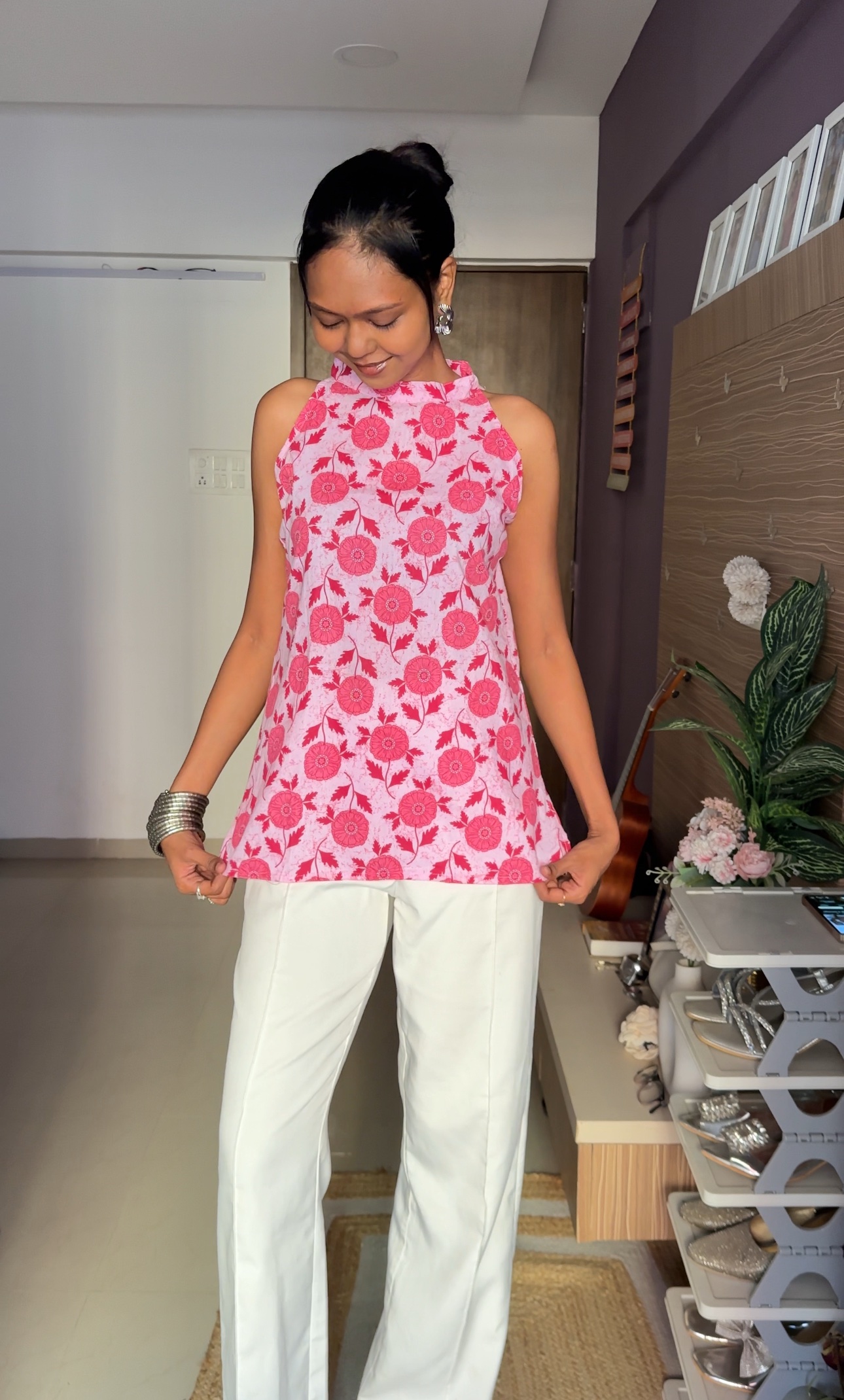 Pink Halter Neck Cotton Kurti