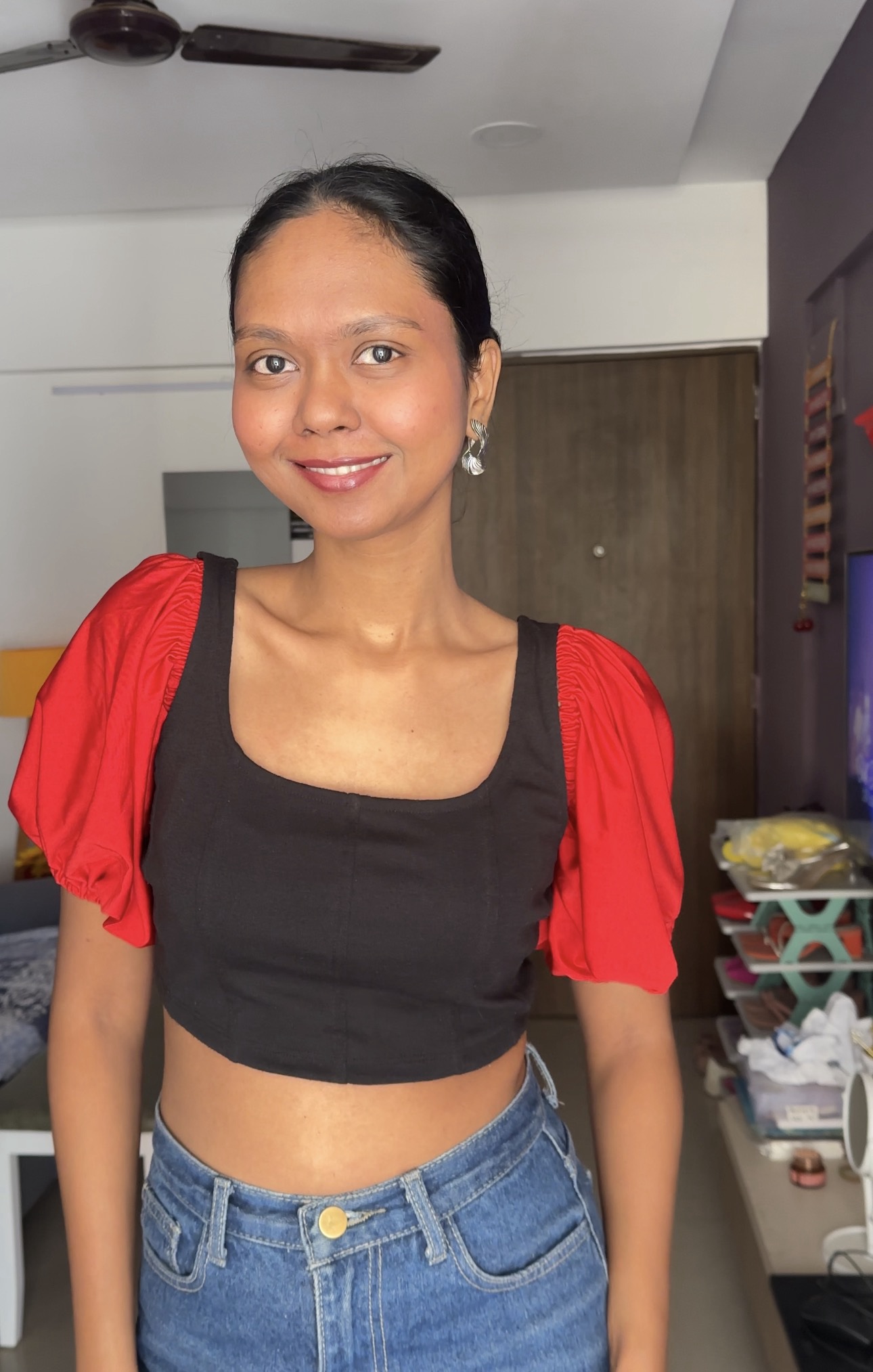 Red Super Stretchable Lycra Puff Sleeves
