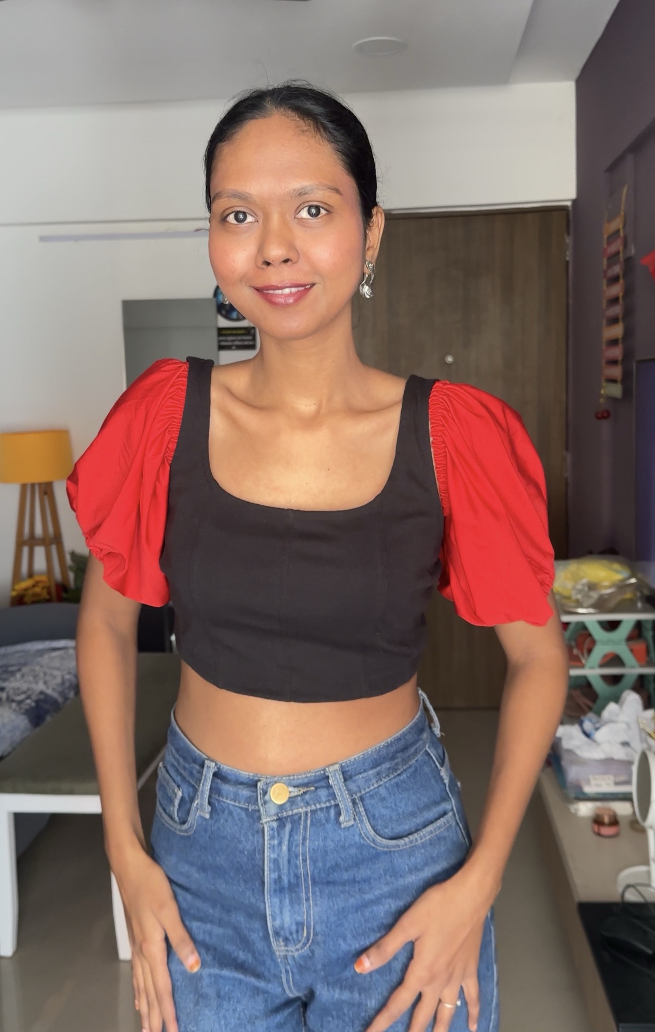 Red Super Stretchable Lycra Puff Sleeves