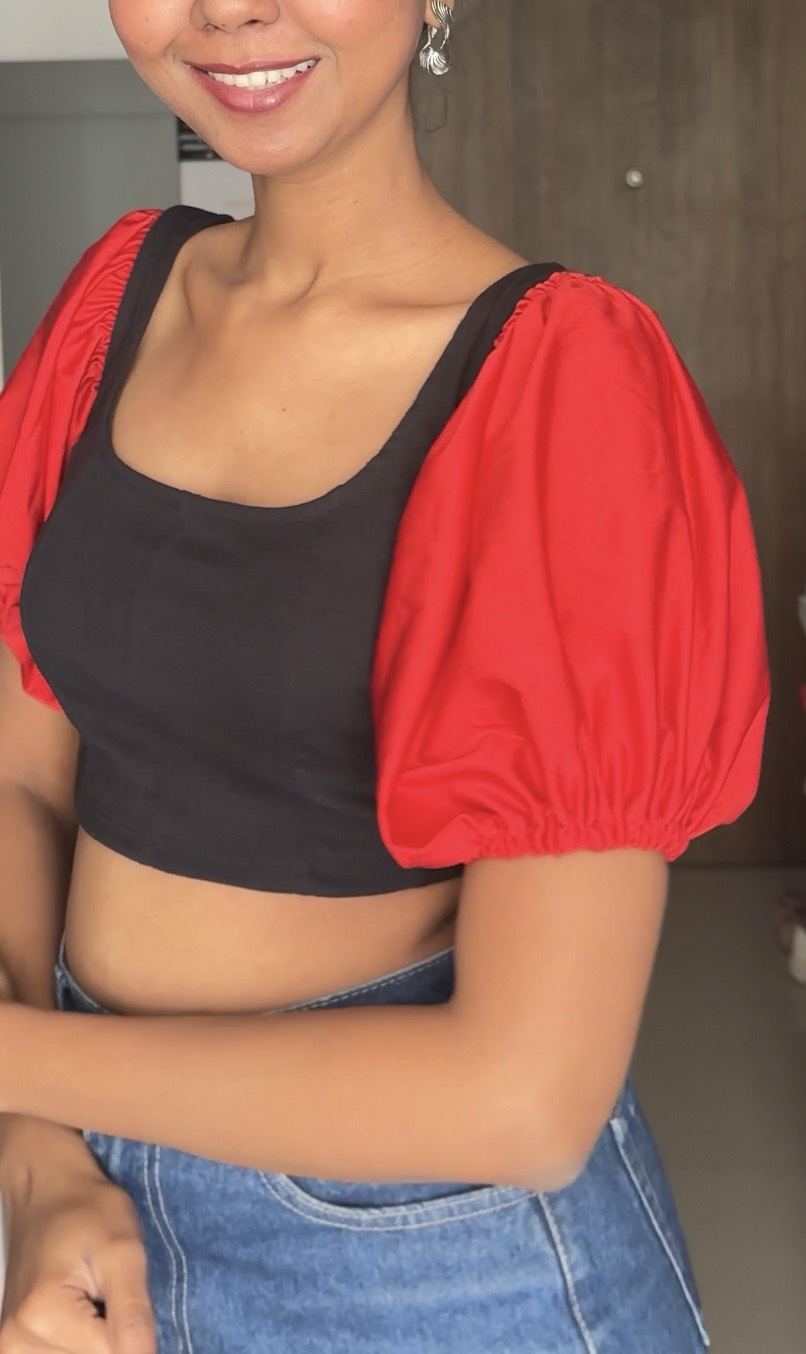 Red Super Stretchable Lycra Puff Sleeves