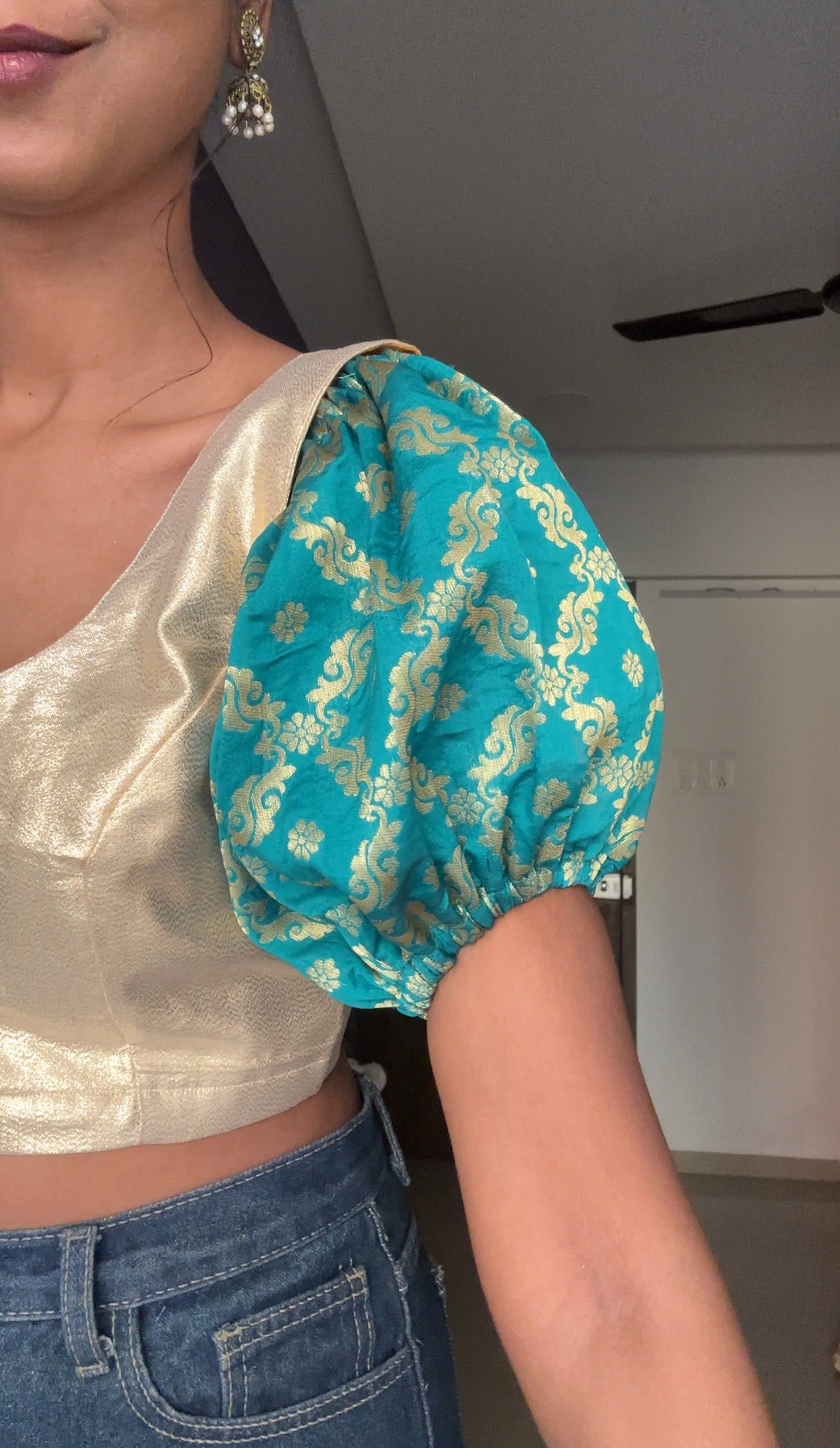 Teal Short Brocade Detachable Sleeves