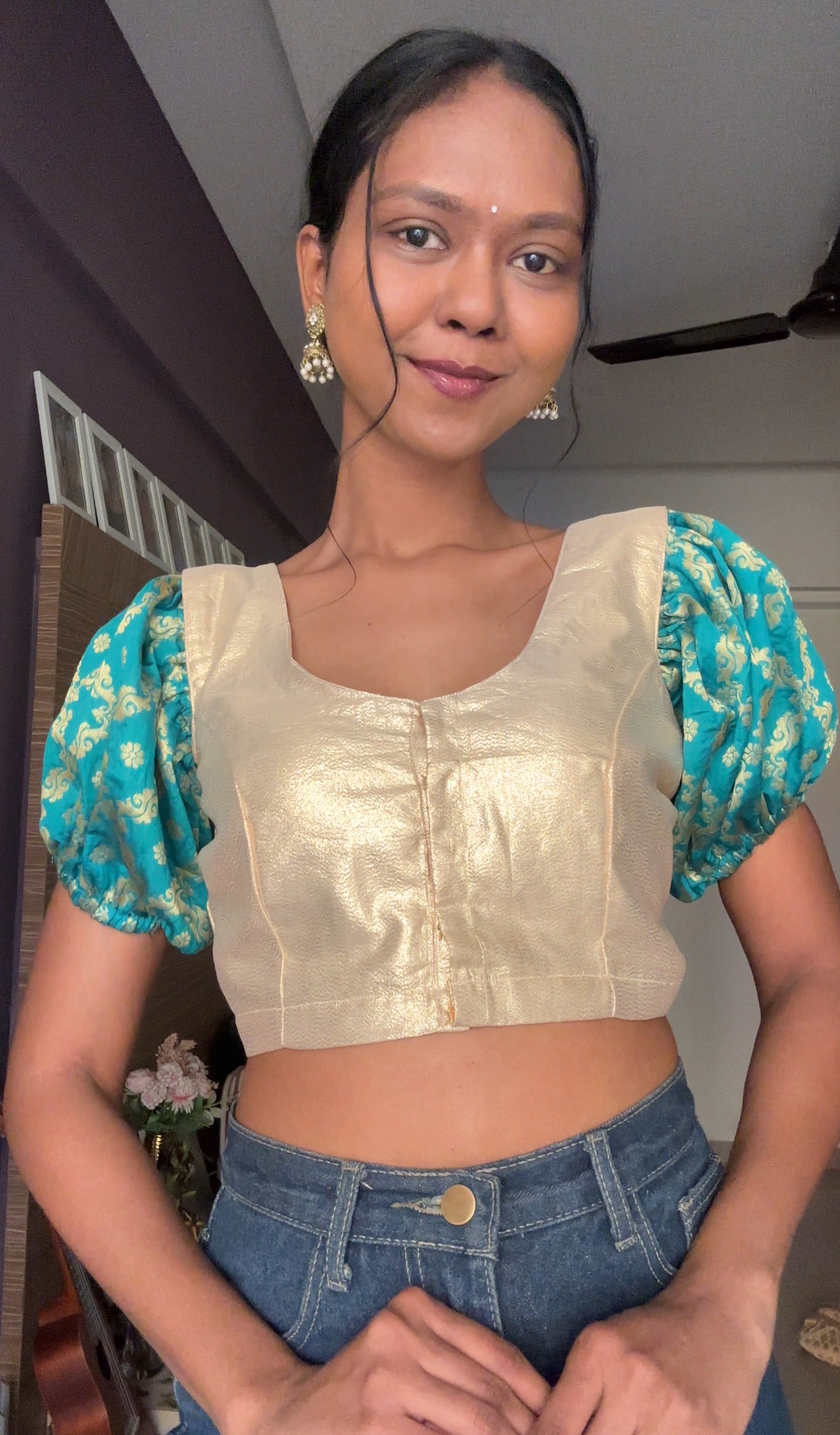 Teal Short Brocade Detachable Sleeves