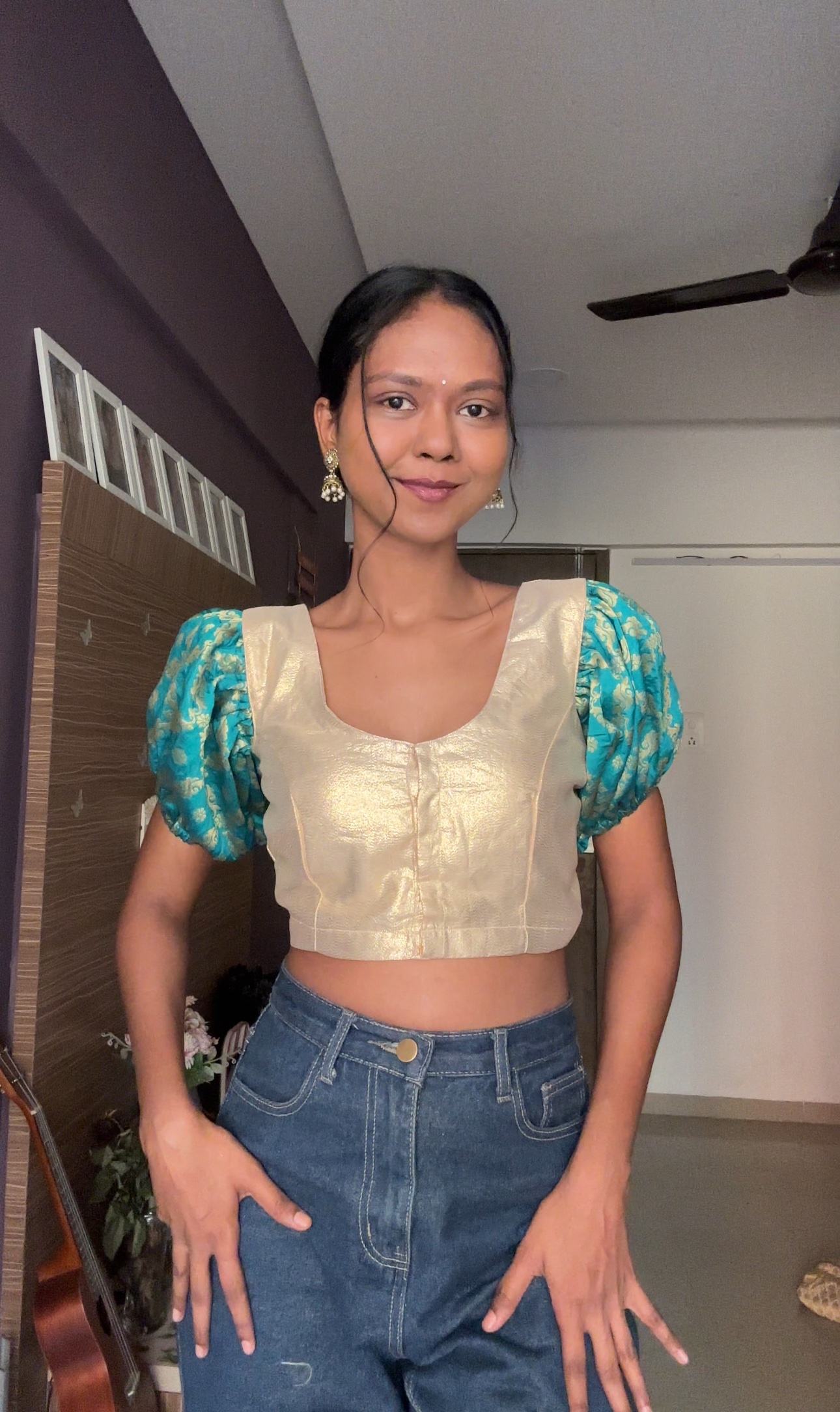 Teal Short Brocade Detachable Sleeves