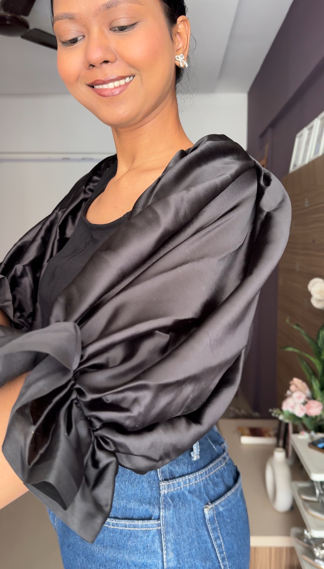 Black Satin Puff Sleeves