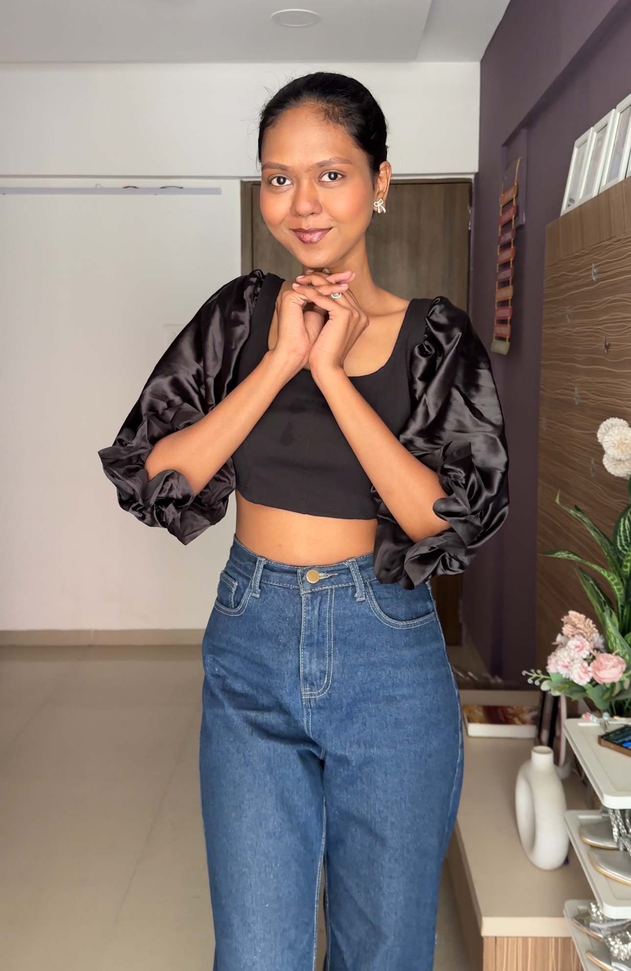 Black Satin Puff Sleeves