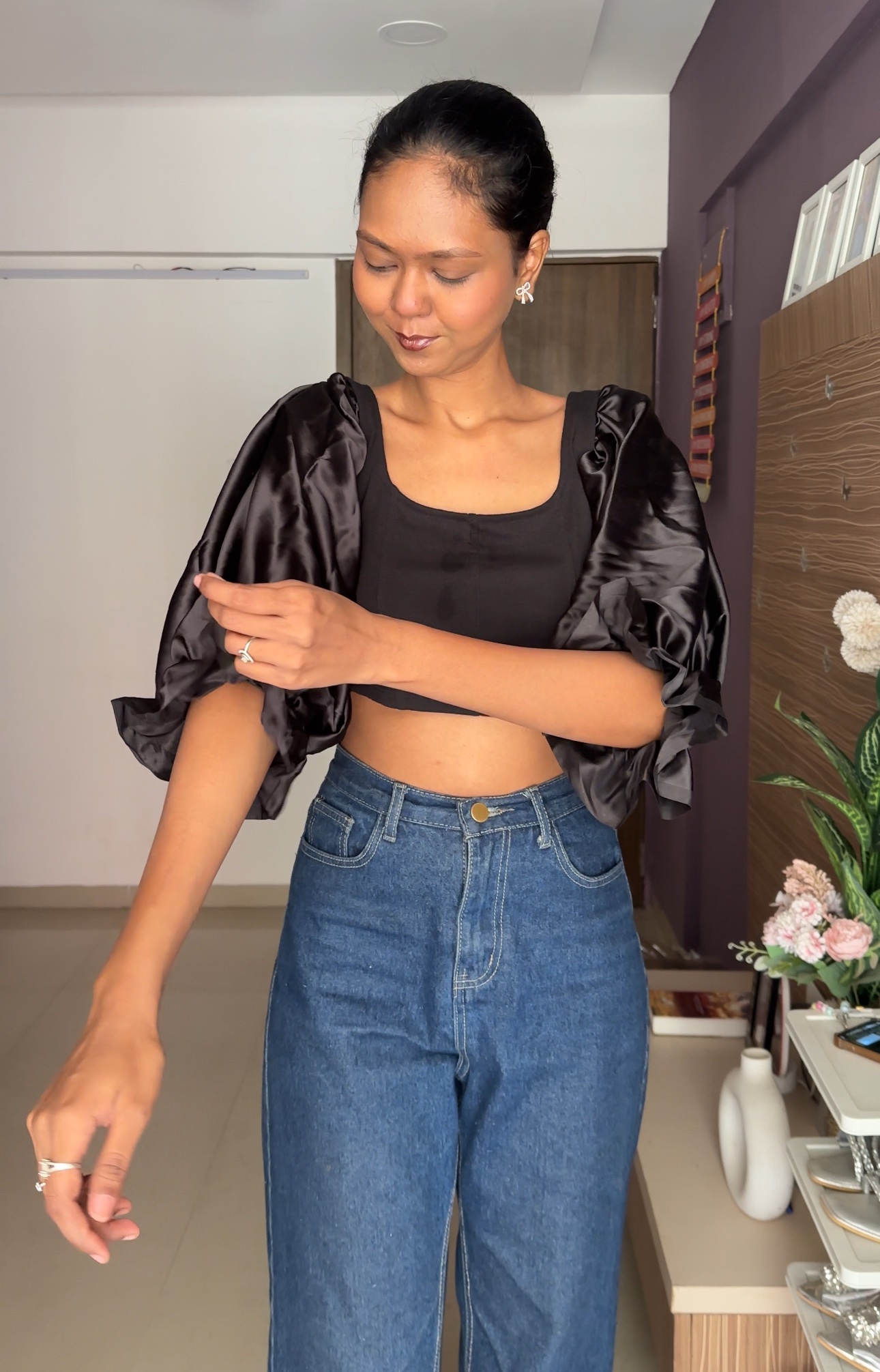 Black Satin Puff Sleeves