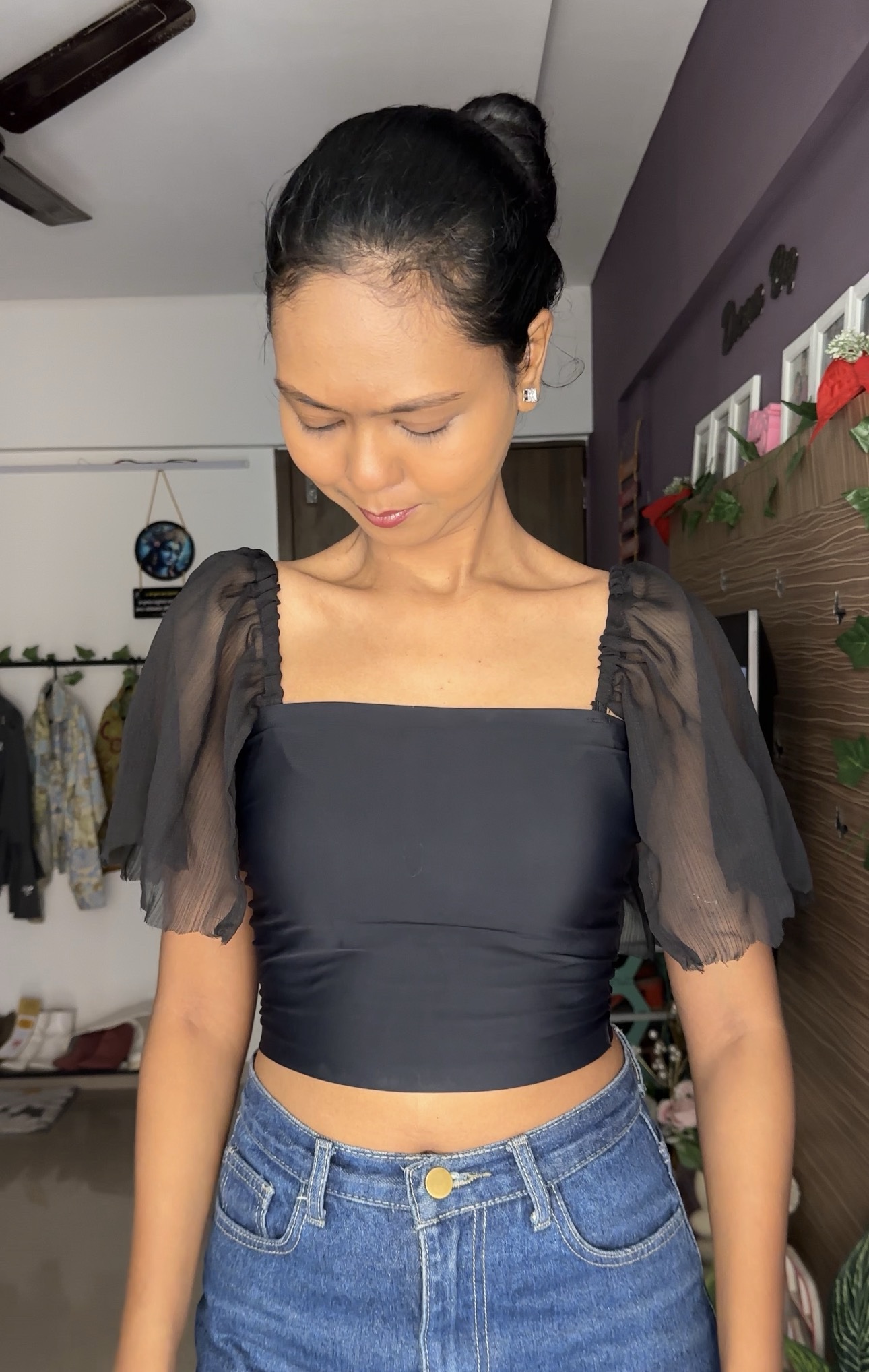 Black Short Georgette Detachable Bra Straps Sleeves