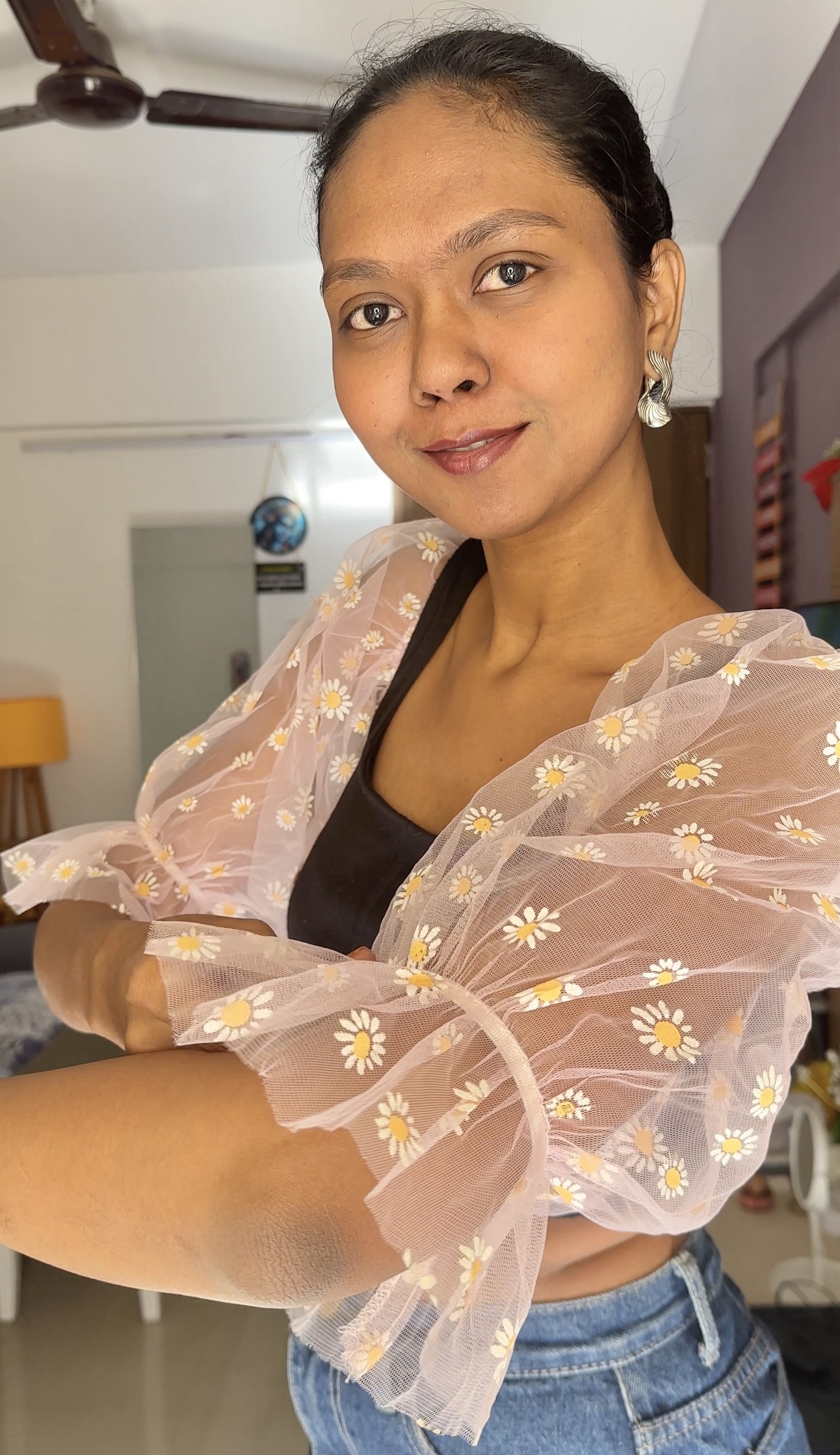 Net Floral Print Puff Sleeves