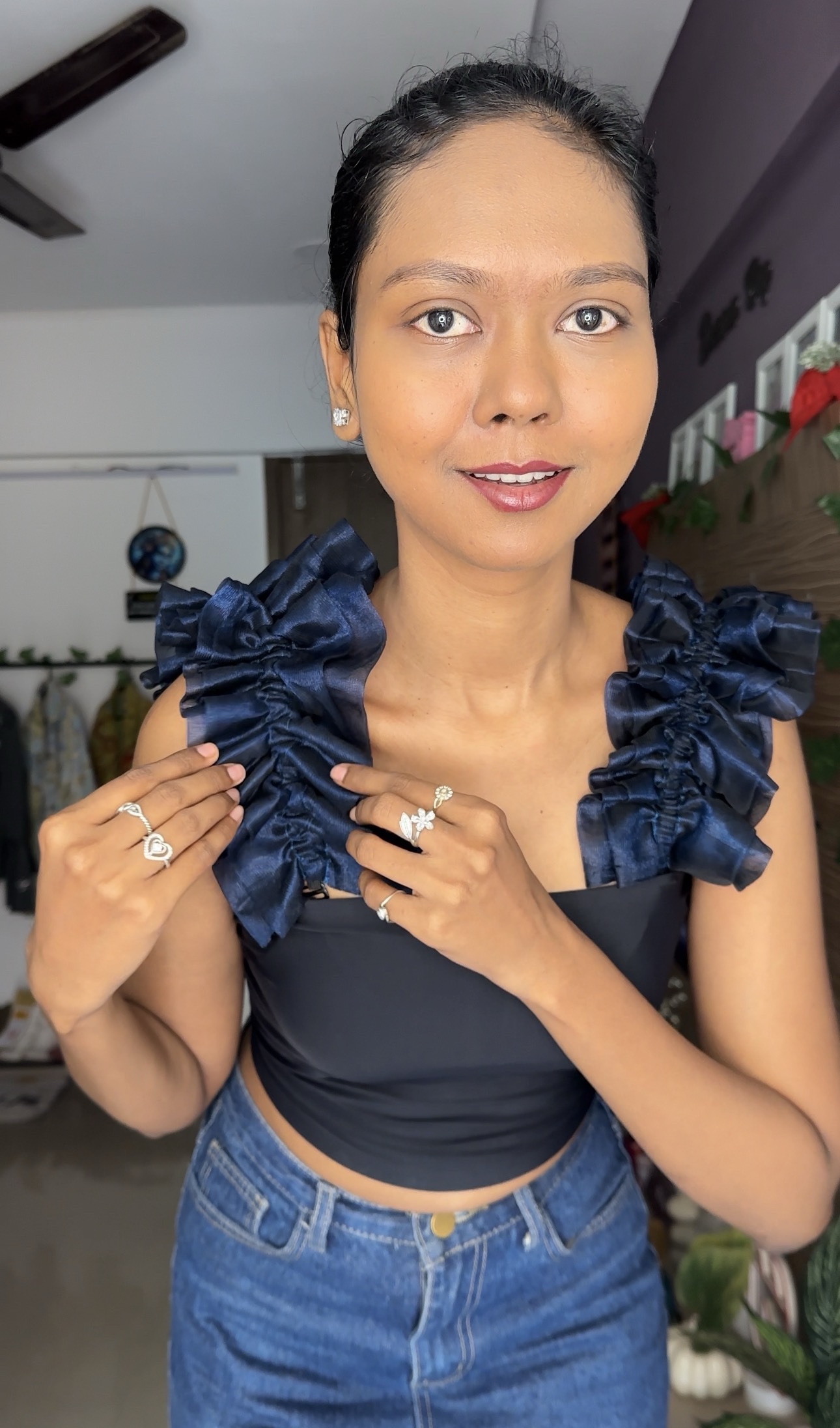 Navy Blue Ruffle Detachable Bra Straps Sleeves