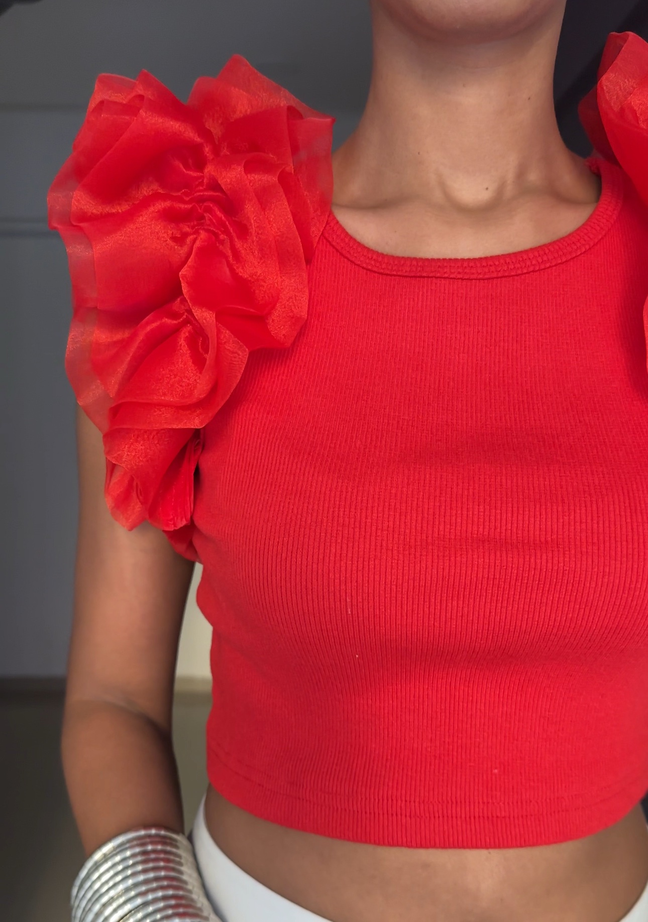 Red Organza Ruffle Sleeves