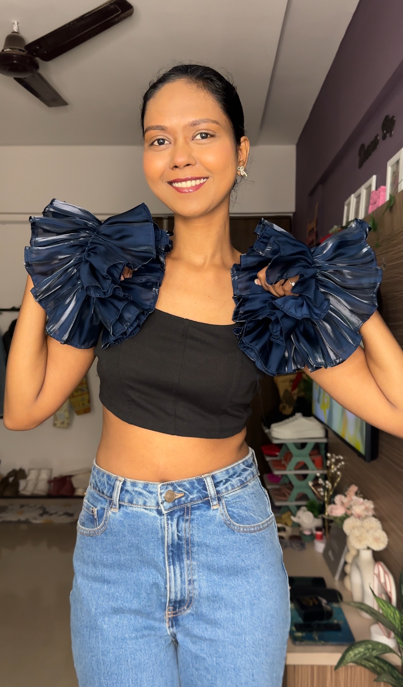 Navy Blue organza ruffle sleeves