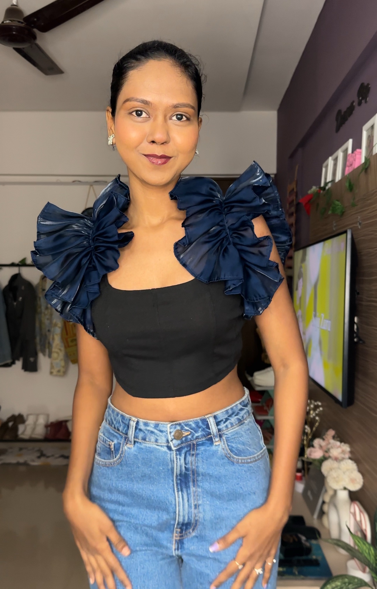 Navy Blue organza ruffle sleeves