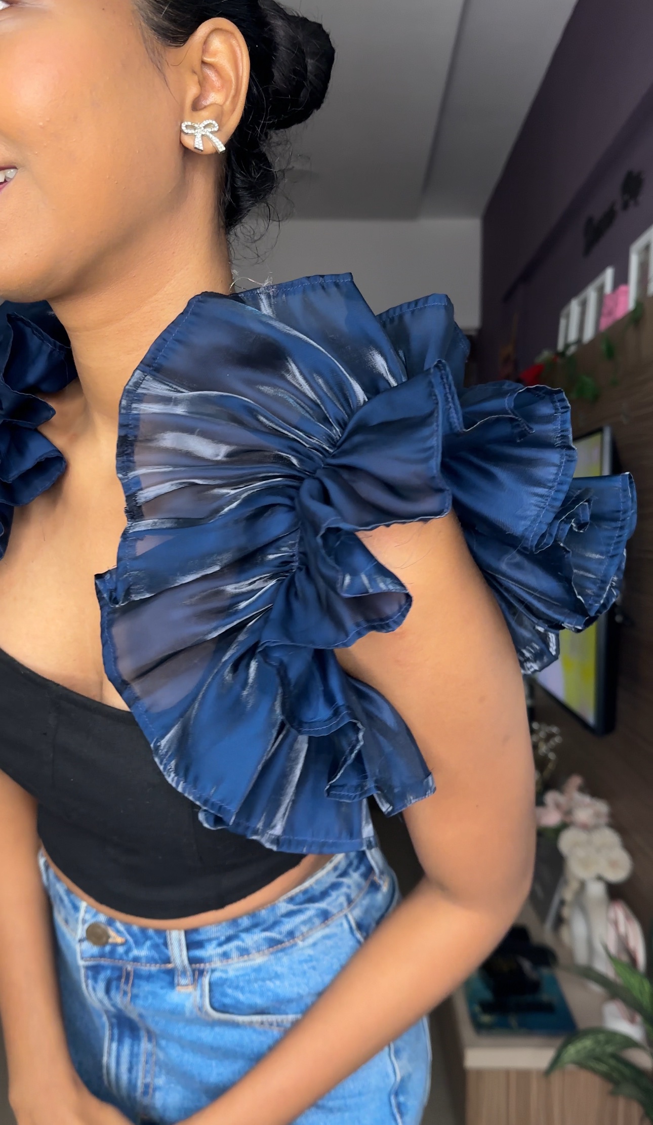 Navy Blue organza ruffle sleeves