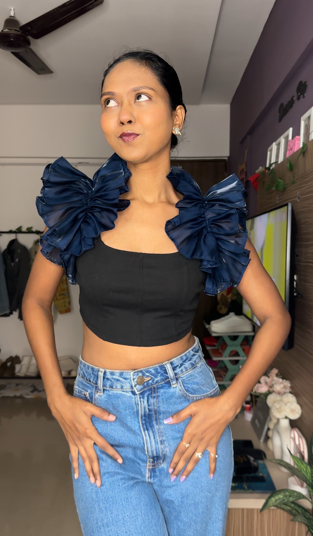 Navy Blue organza ruffle sleeves