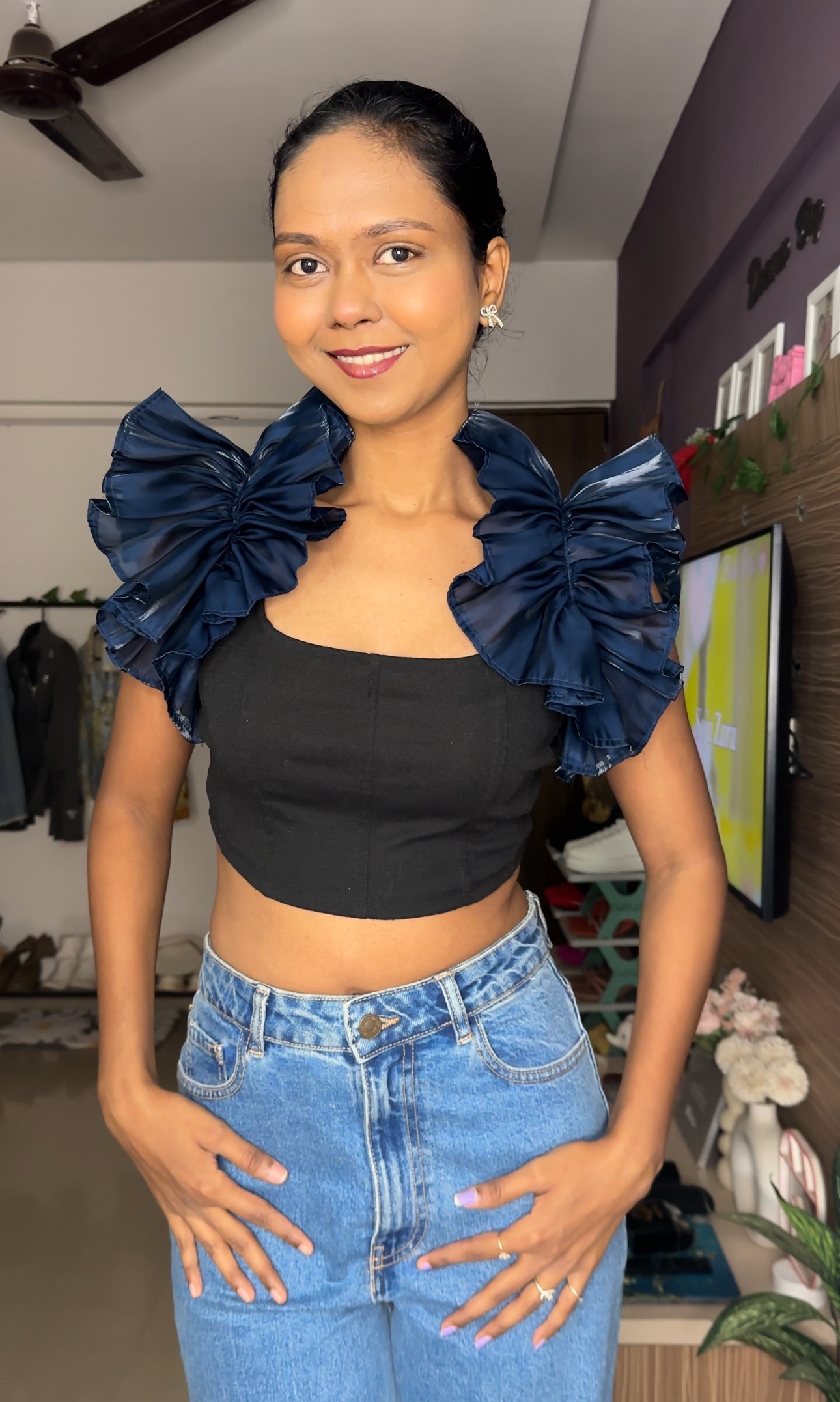 Navy Blue organza ruffle sleeves