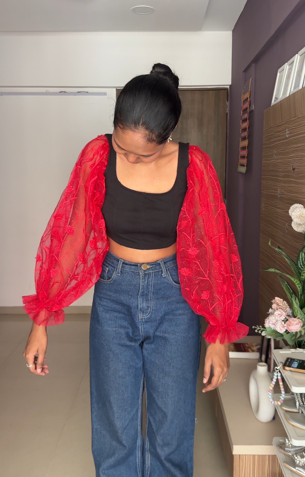 Red Embroidered Puff Sleeves