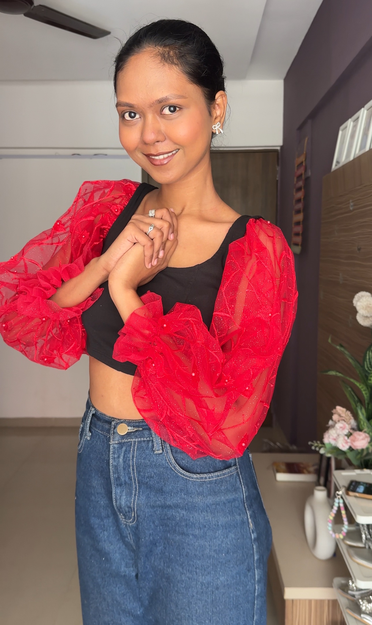 Red Embroidered Puff Sleeves