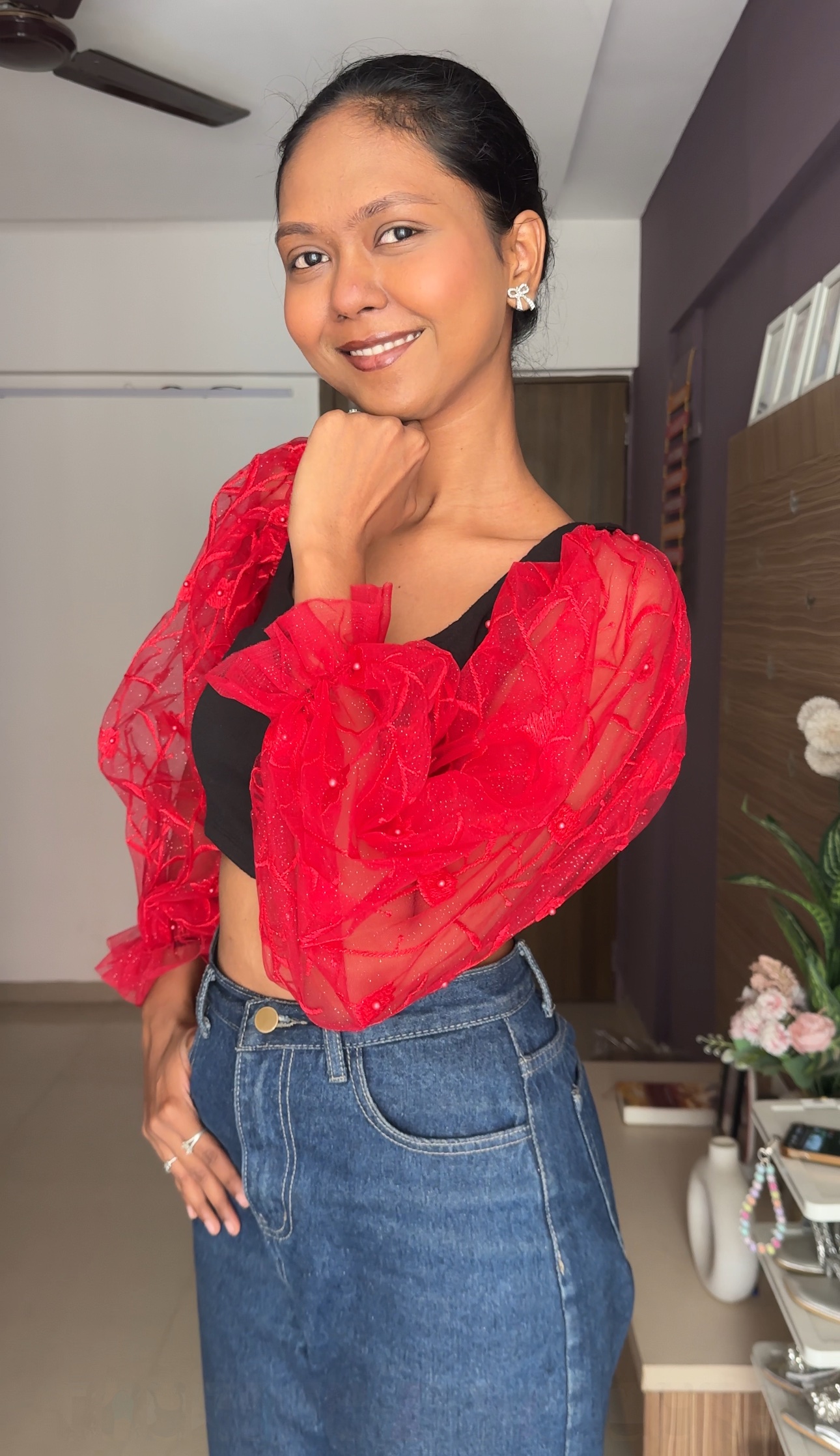 Red Embroidered Puff Sleeves