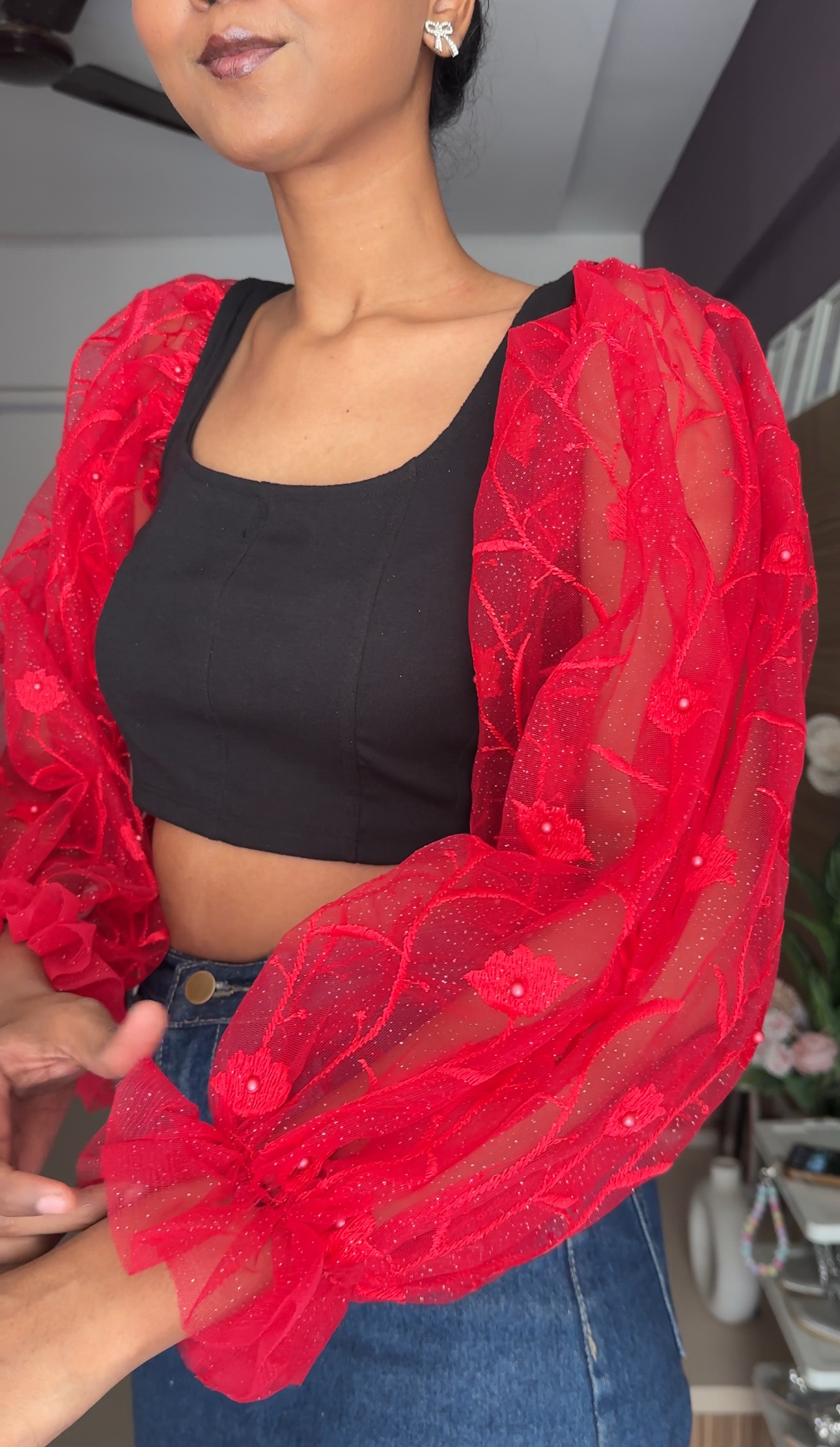 Red Embroidered Puff Sleeves