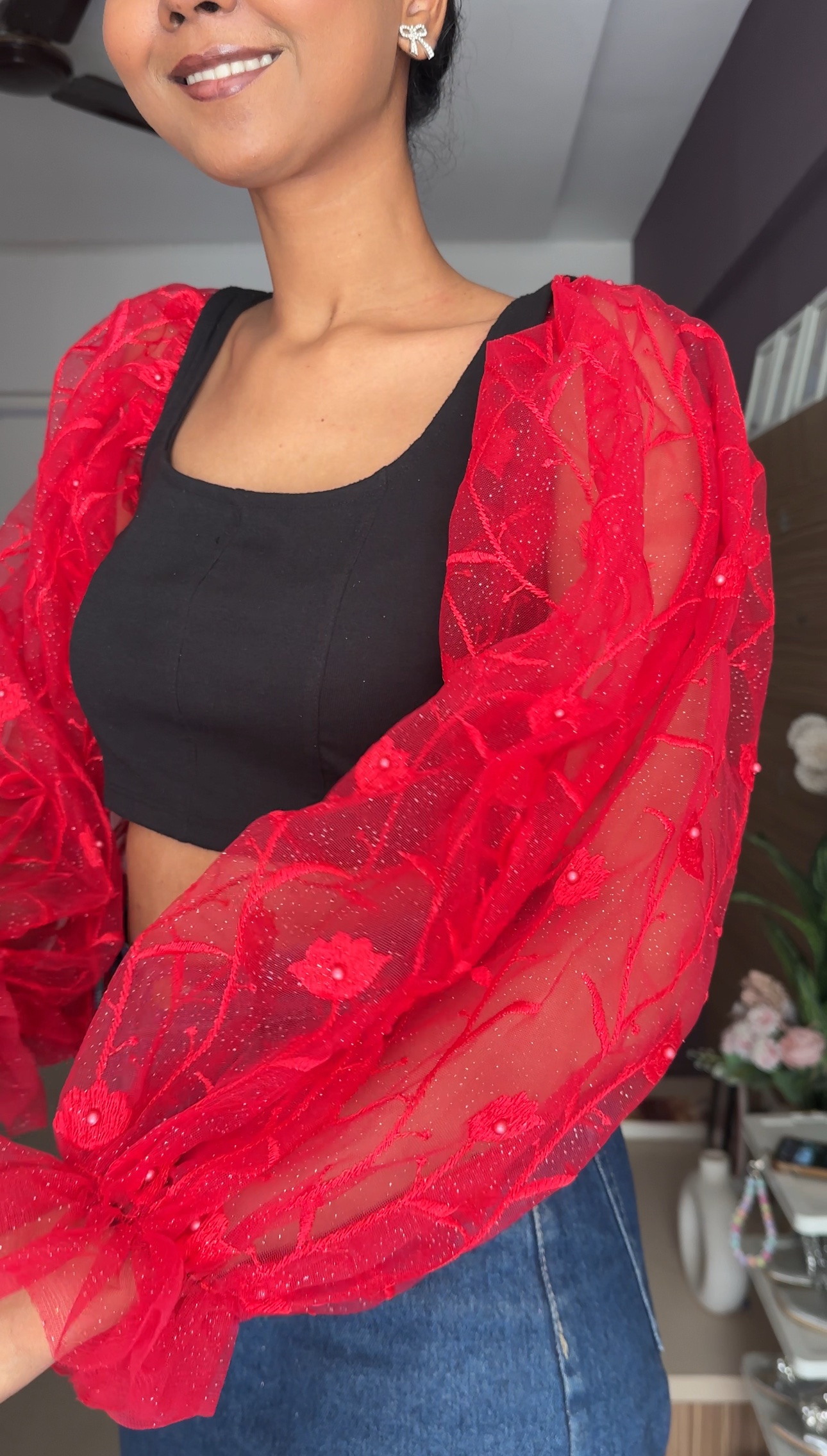 Red Embroidered Puff Sleeves