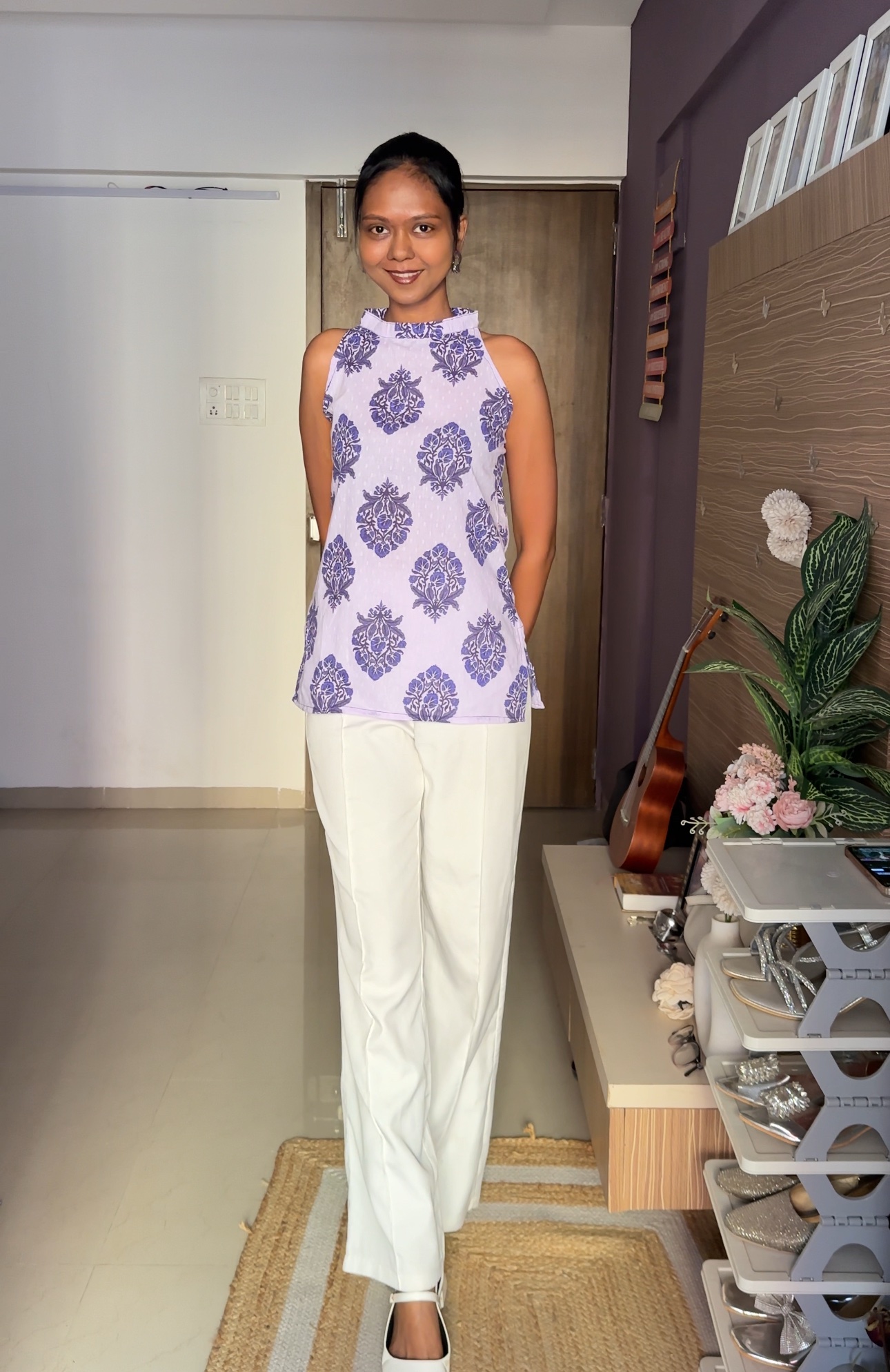 Lilac Halter Neck Cotton Short Kurti
