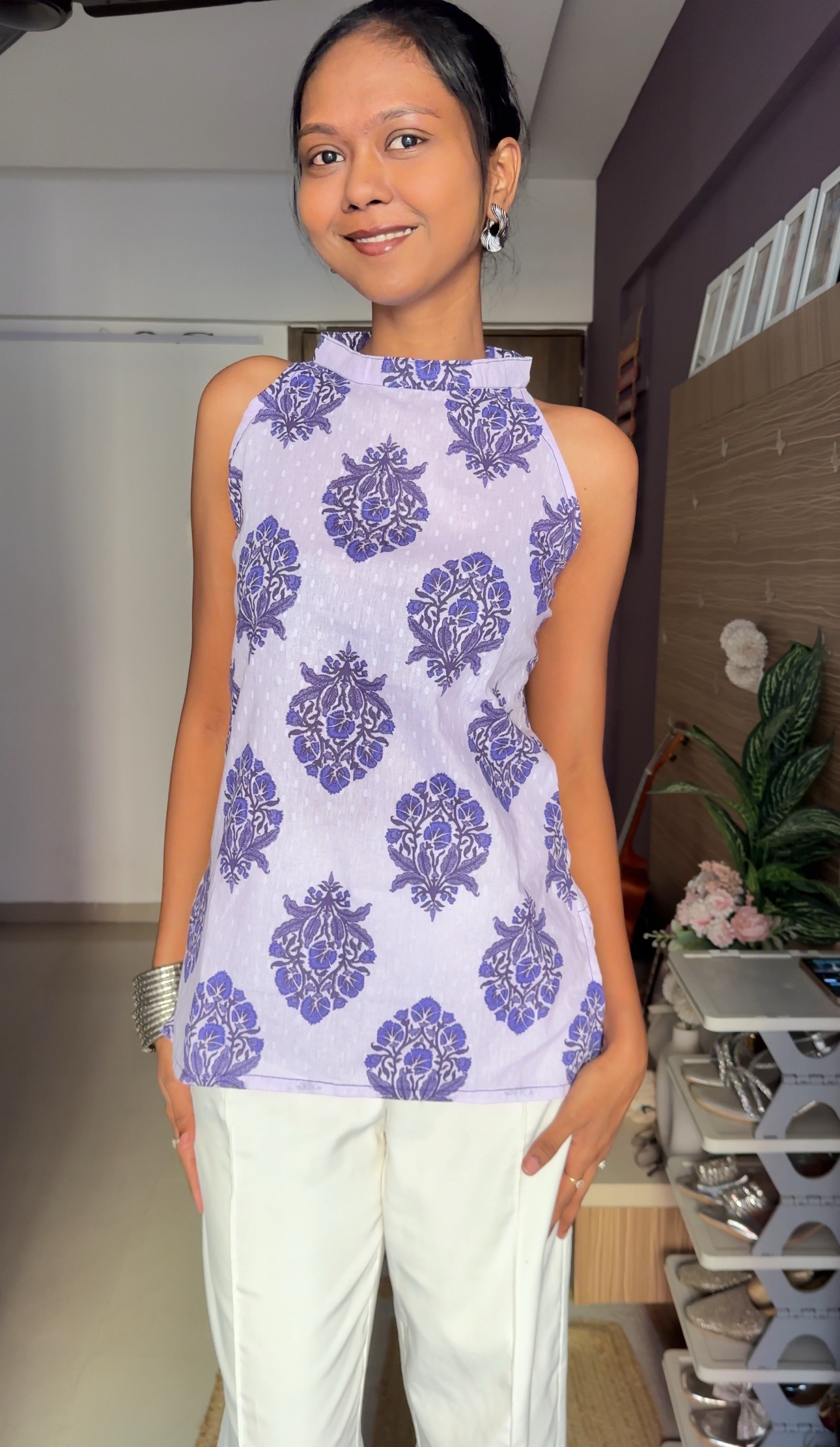 Lilac Halter Neck Cotton Short Kurti