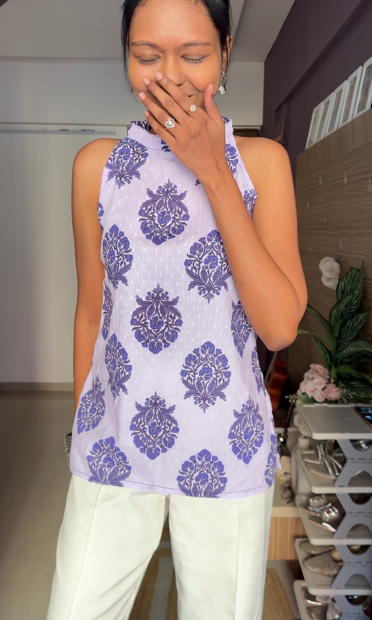 Lilac Halter Neck Cotton Short Kurti