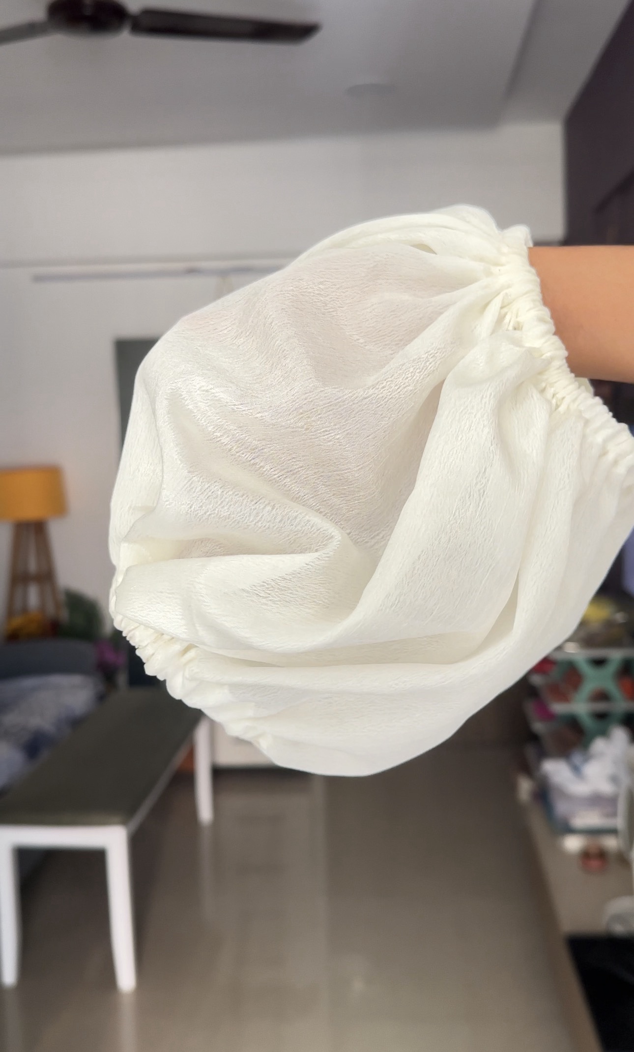 White Shimmery Chinon Short Puff Sleeves