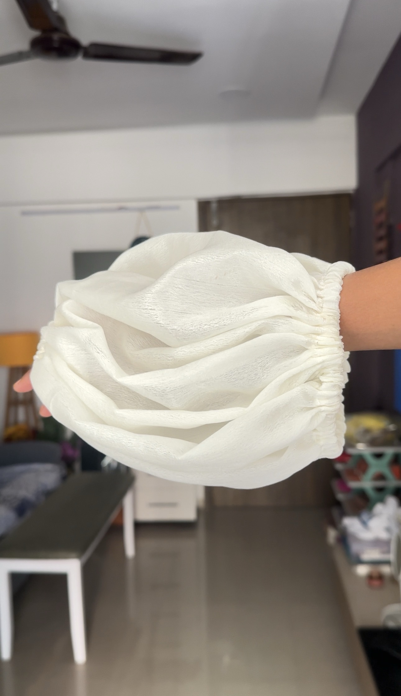 White Shimmery Chinon Short Puff Sleeves