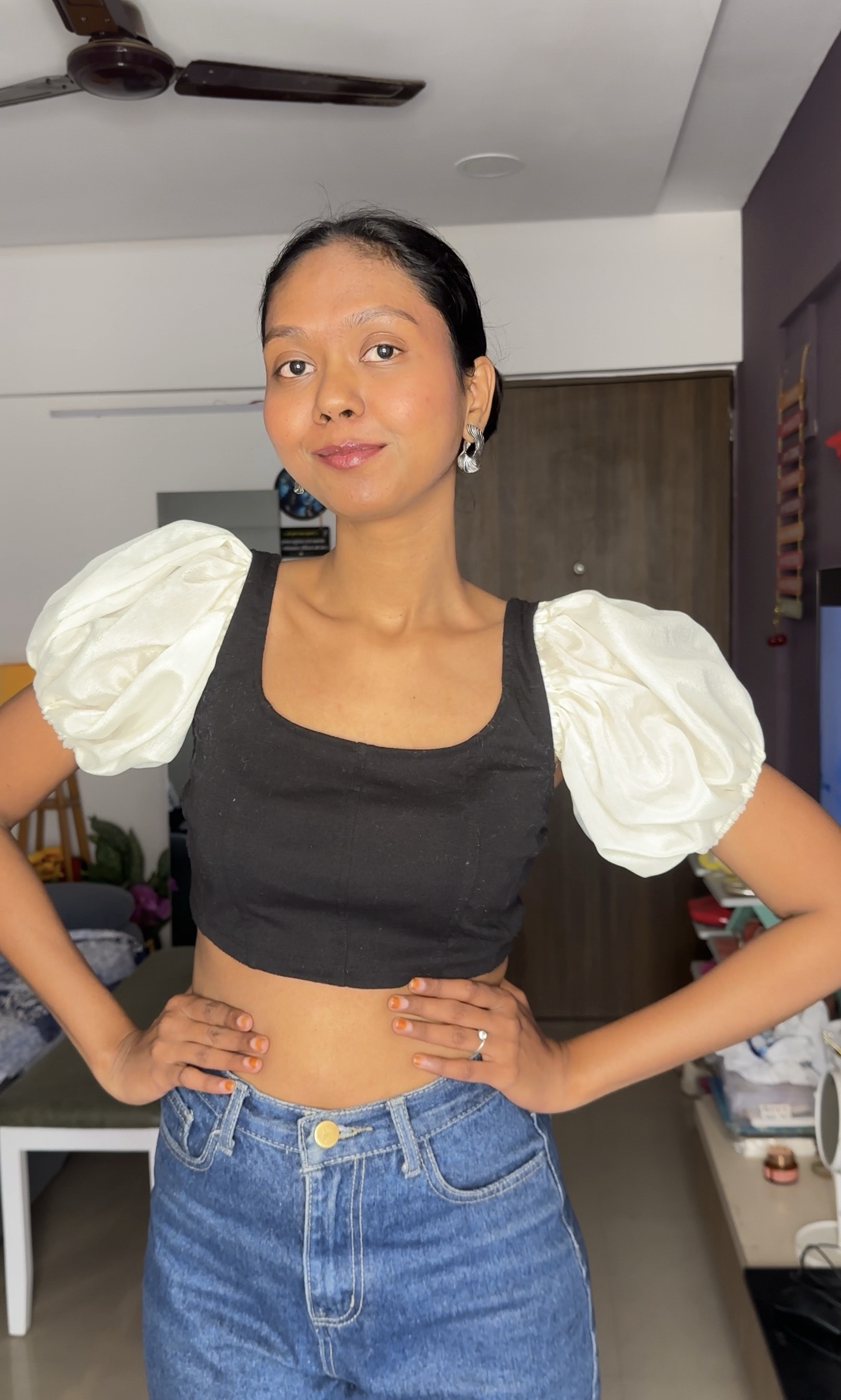 White Shimmery Chinon Short Puff Sleeves