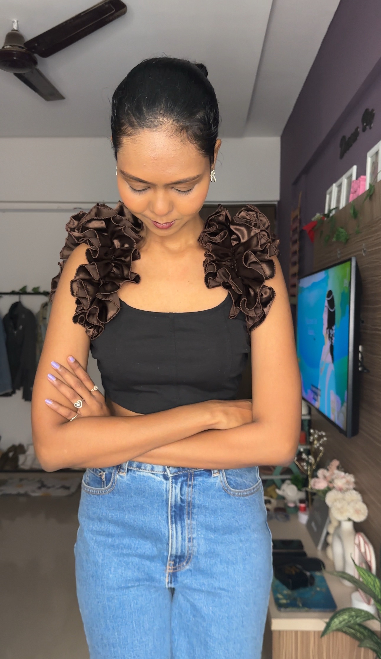 Brown Satin Ruffle Sleeves
