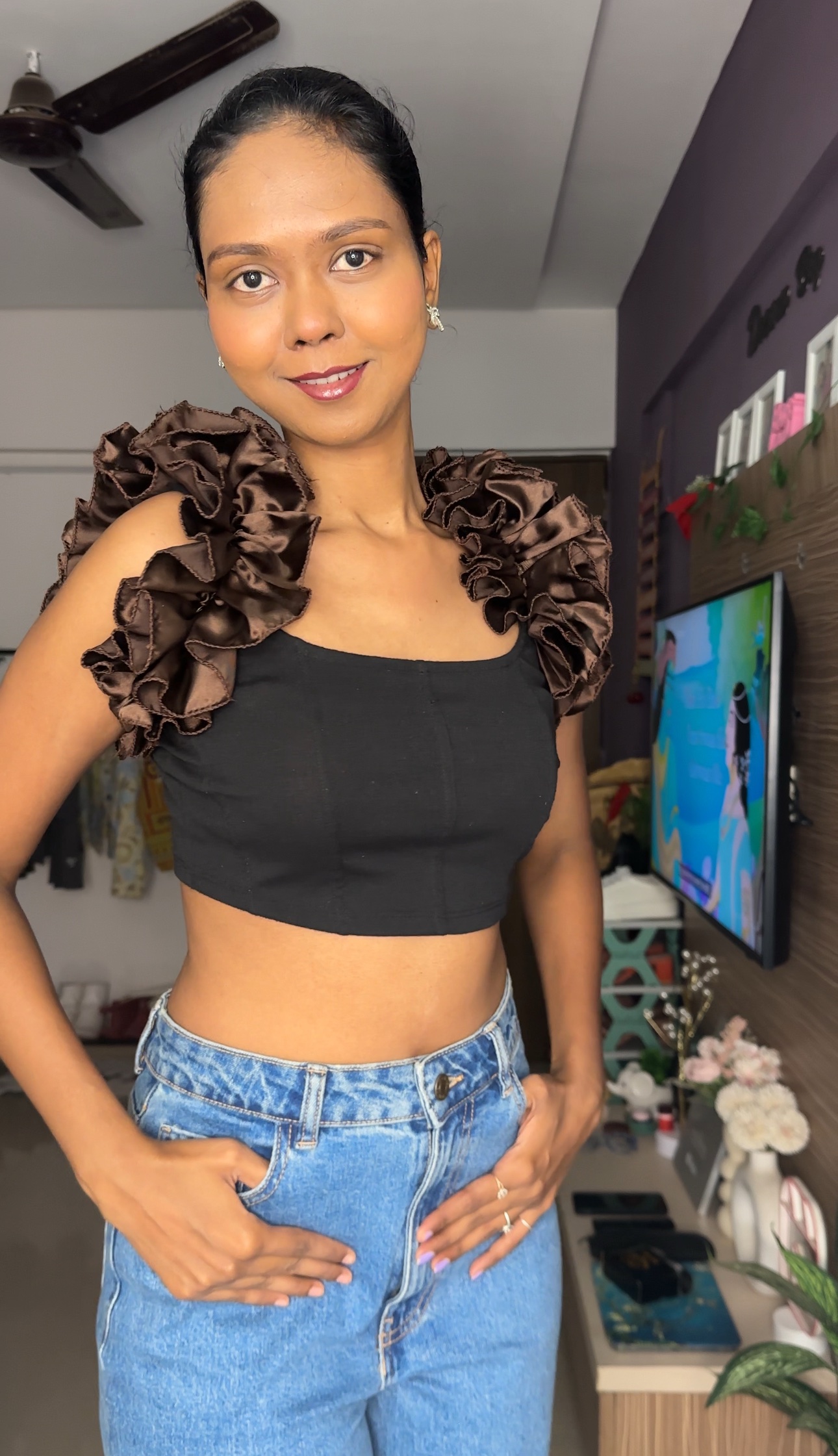 Brown Satin Ruffle Sleeves