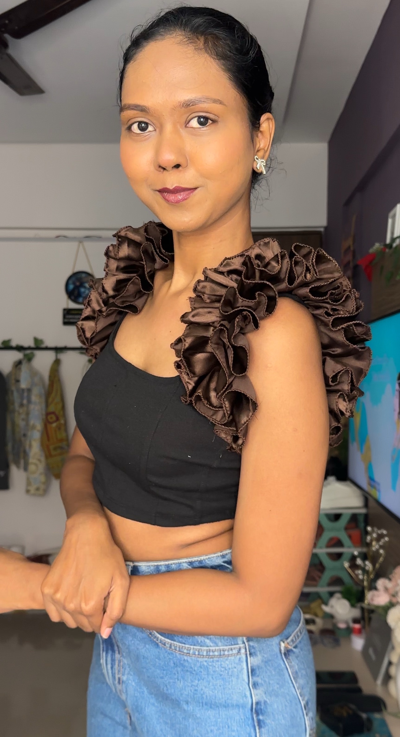 Brown Satin Ruffle Sleeves