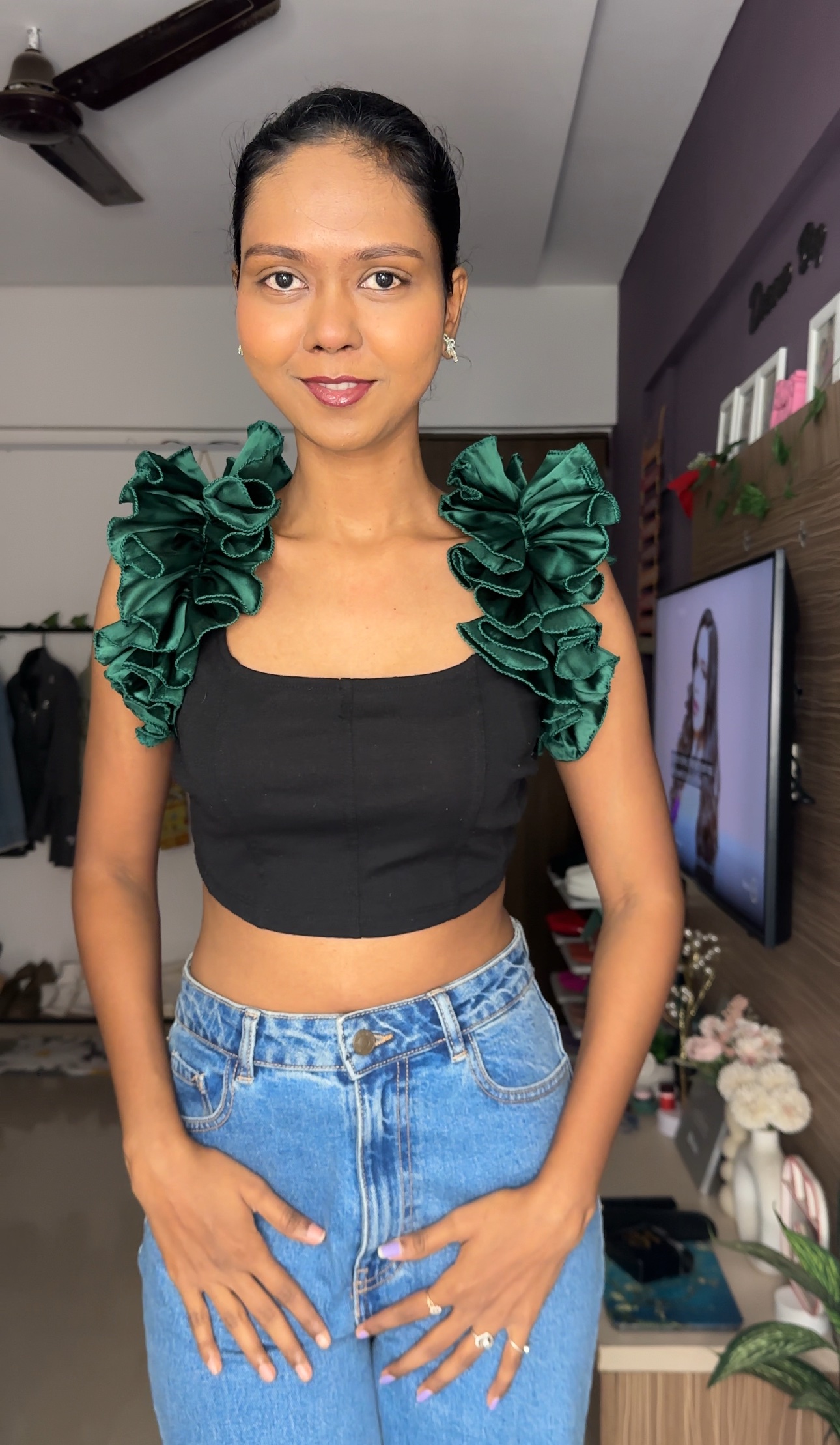 Green Satin Ruffle Sleeves