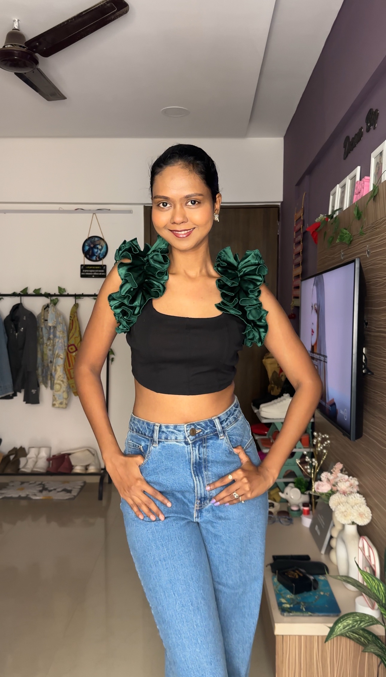 Green Satin Ruffle Sleeves