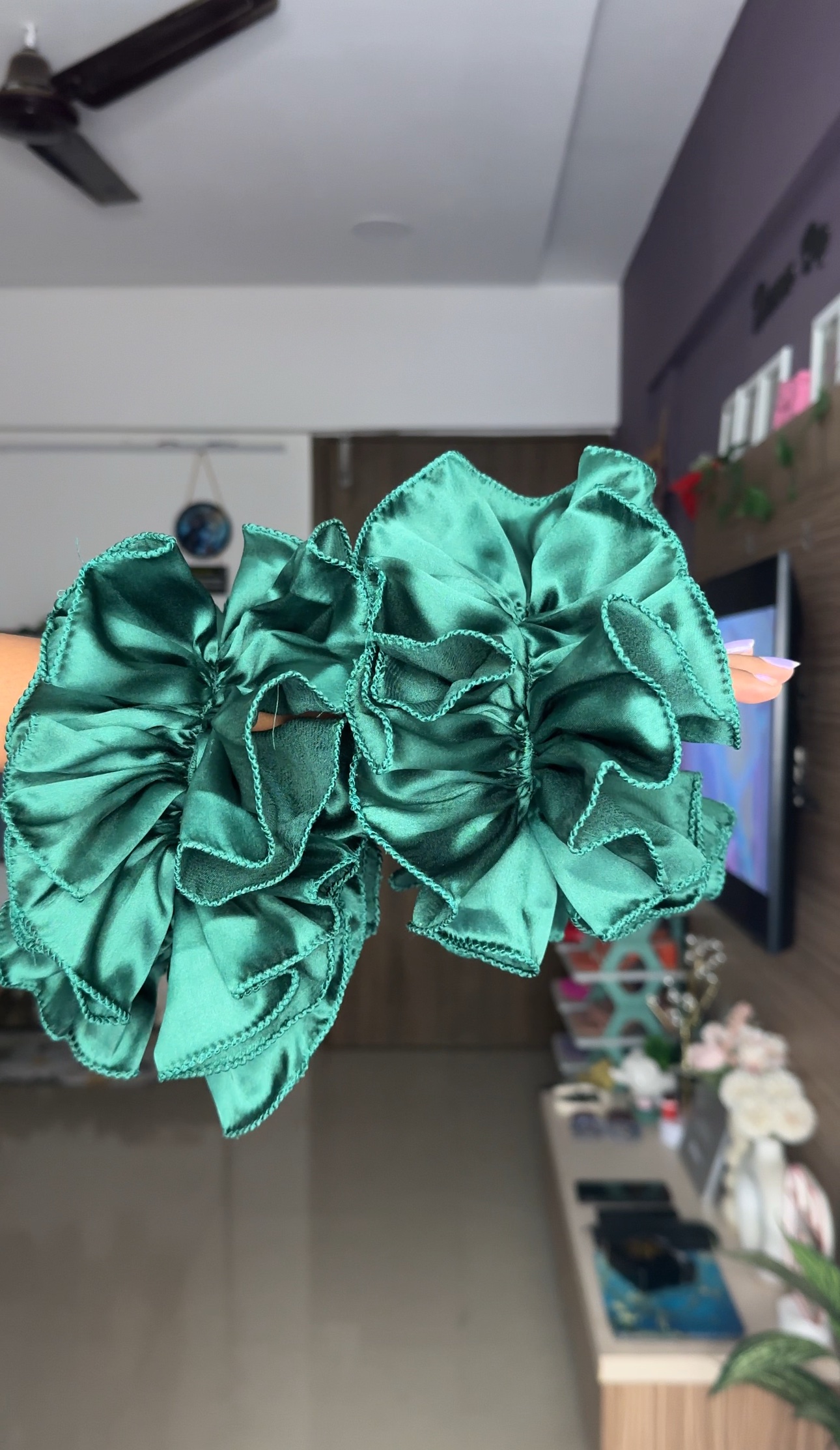 Green Satin Ruffle Sleeves