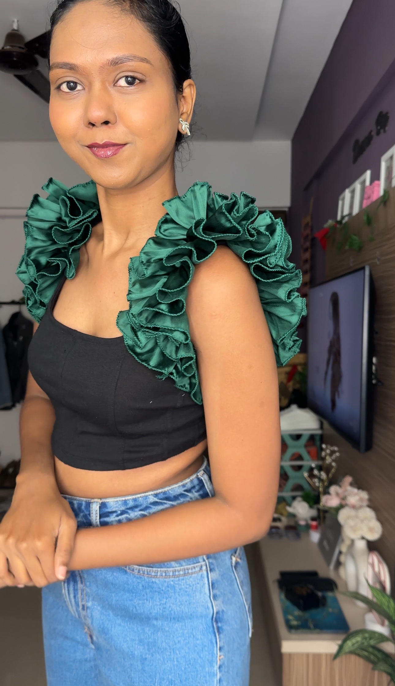 Green Satin Ruffle Sleeves