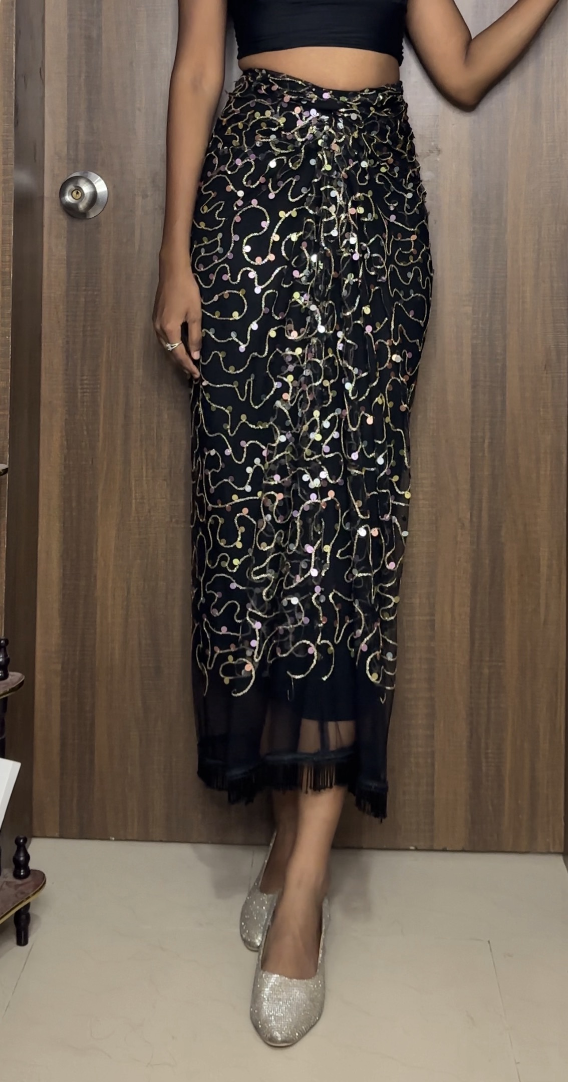 Black Mesh Embroidered Tassel Multiway Skirt