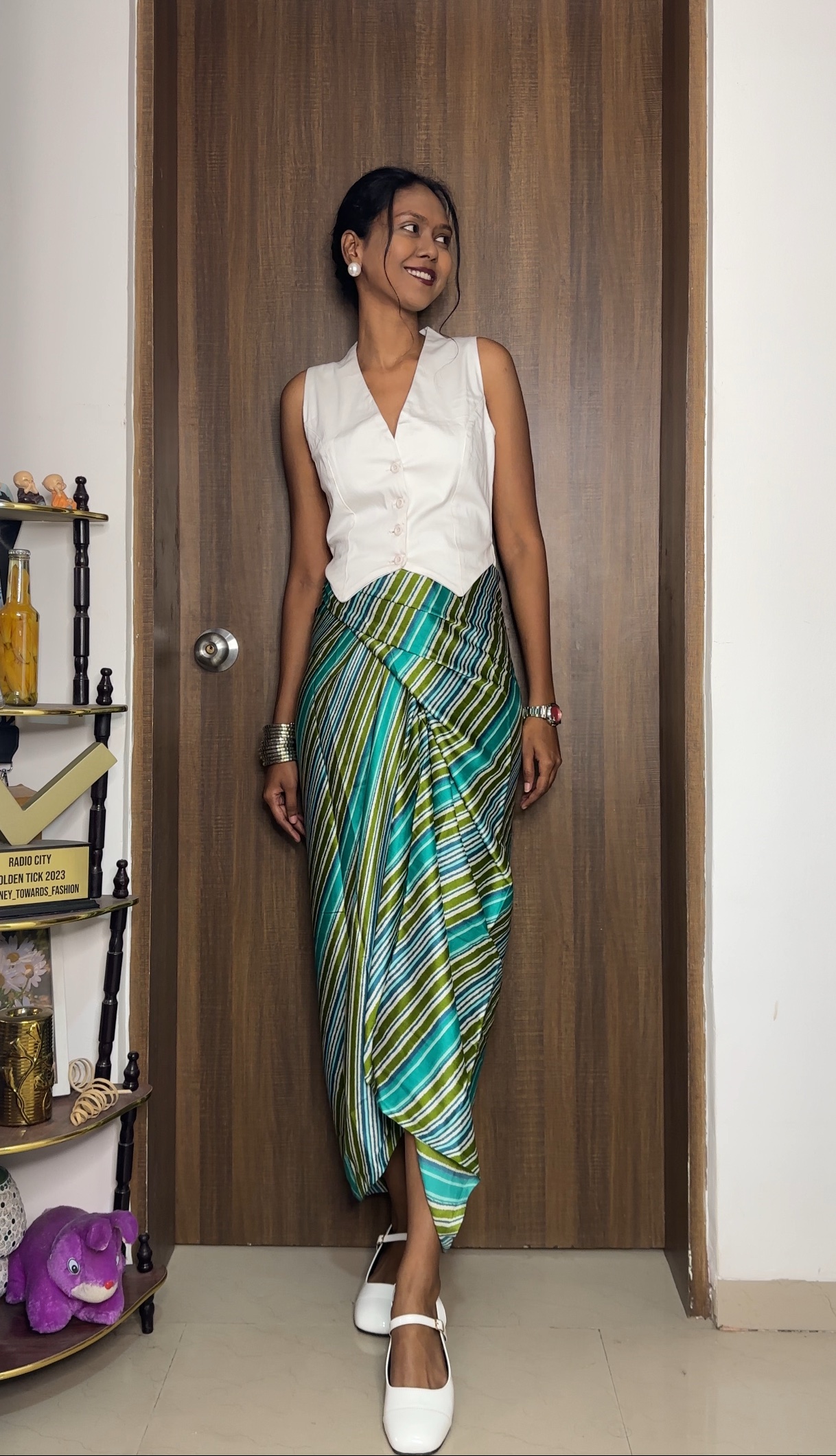 Green Strips print satin multiway skirt