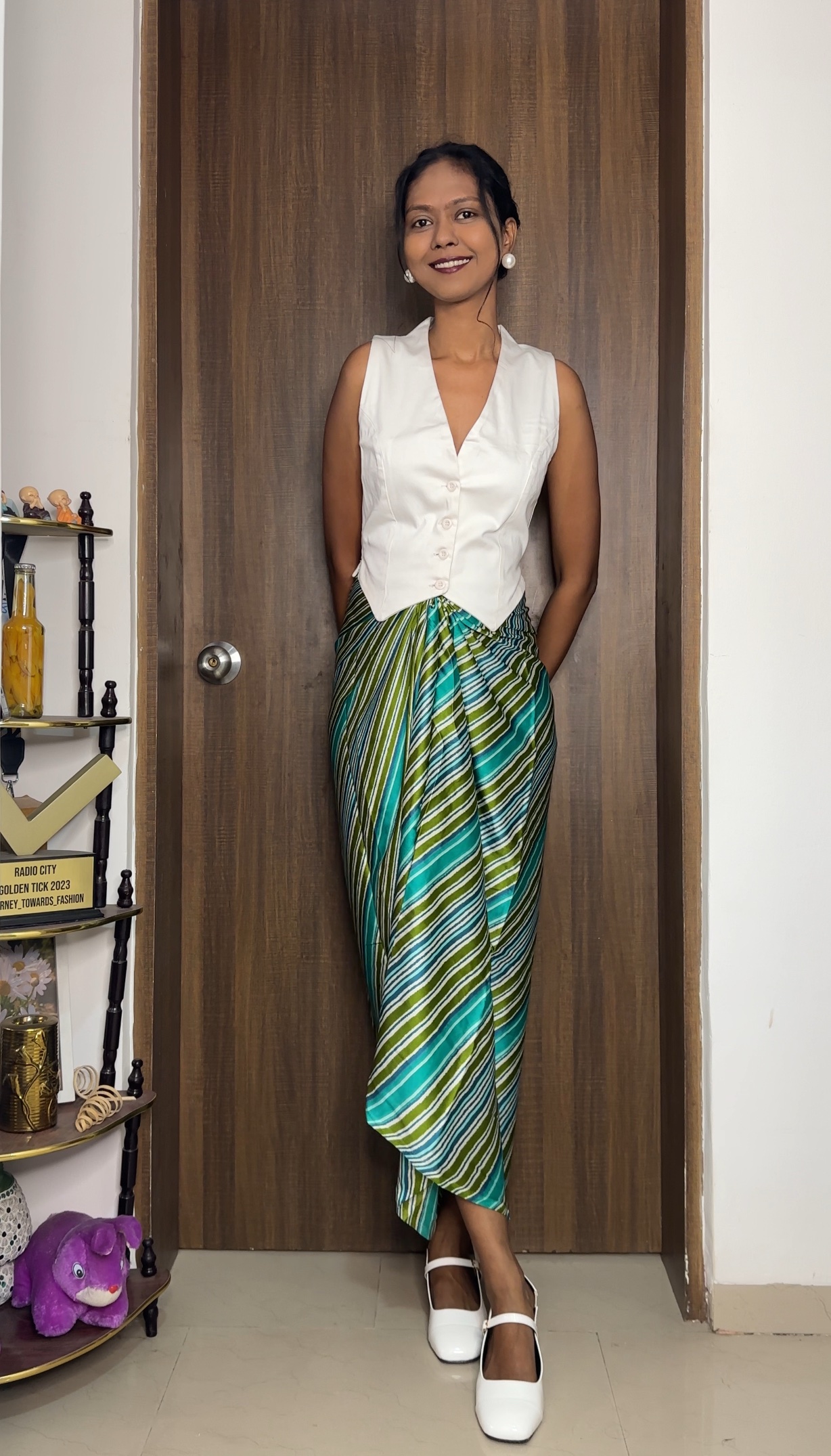 Green Strips print satin multiway skirt