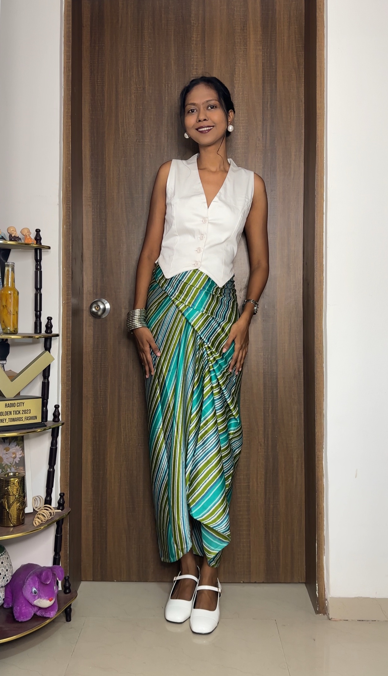 Green Strips print satin multiway skirt